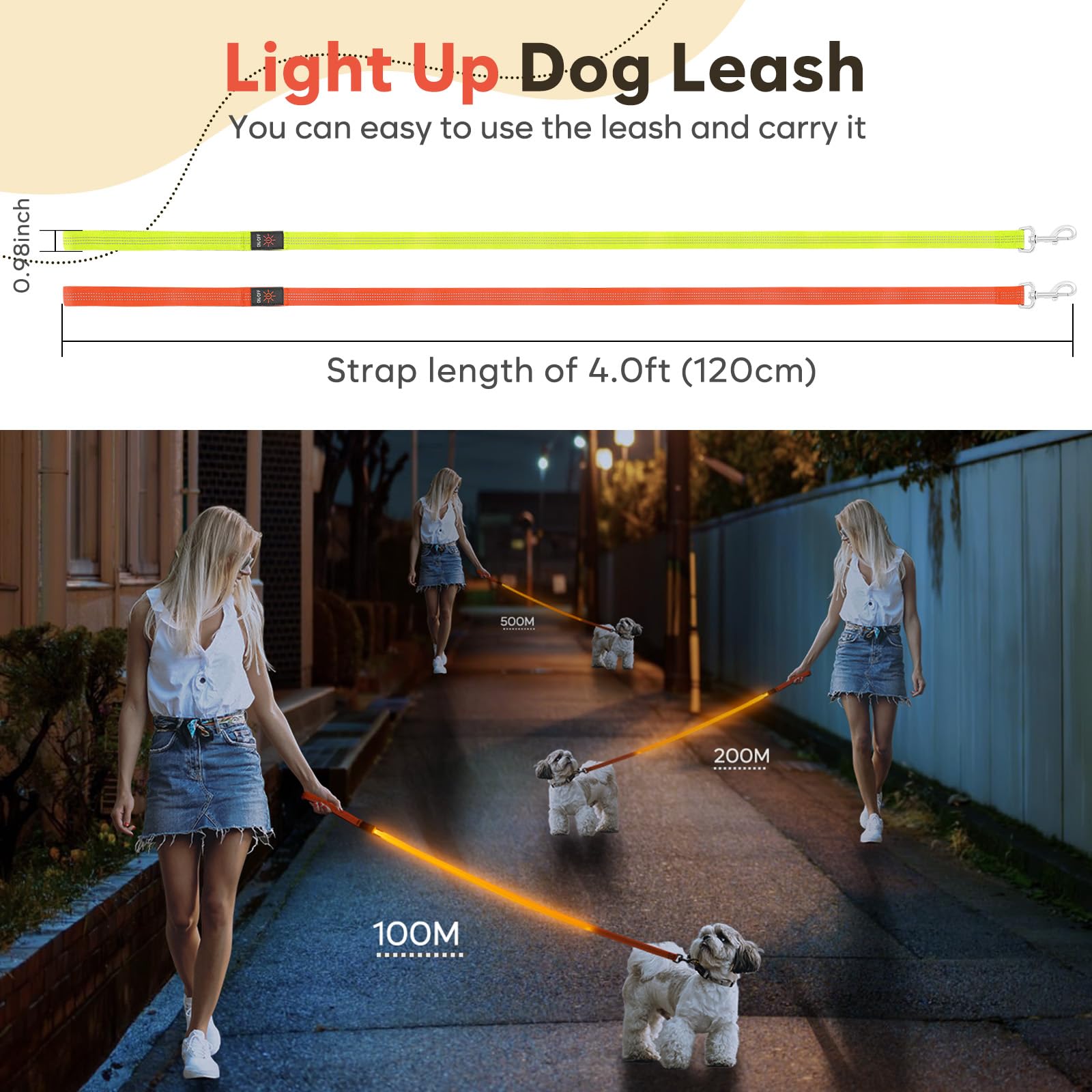 Ezierfy Light Up Dog Lead, 4 Ft Reflective LED Dog Leash Rechargeable Flashing Puppy Lead High Visibility Up to 500M - Image 3