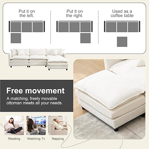 Miniatura 12 de Sofá modular modular de pana de 108.27 pulgadas para sala de estar con 3 asientos, 1 otomana y 3 almohadas, cómodos sofás de nube con otomana móvil,