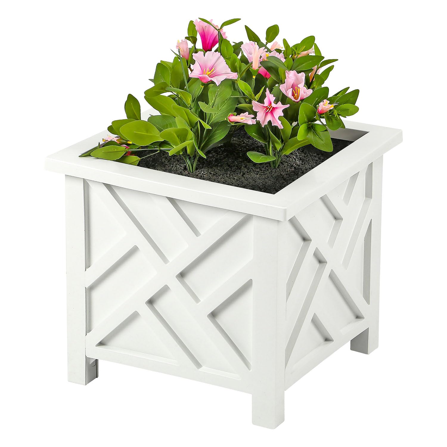Taylor & Brown Lattice Design Planter Box | 14.5-Inch | Square Decorative Outdoor Flower or Plant Pot Container | Polypropylene | Front Porch, Patio, and Garden Decor (1, White)