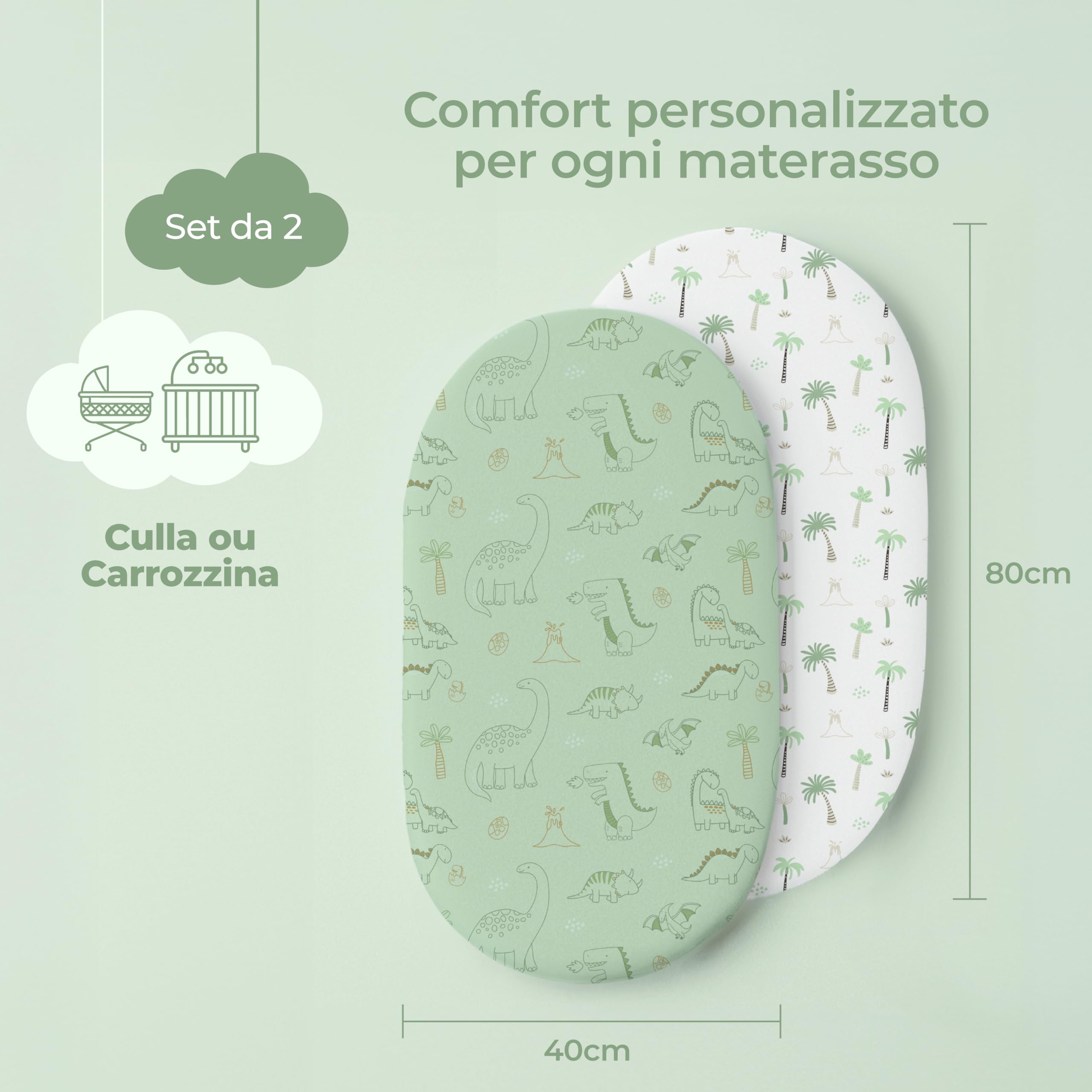 Dreamzie Set 2 Lenzuola Culla 40x80 Cotone - Lenzuolo Con Angoli, Oeko-Tex Certificato - Per Carrozzina E Passeggino Neonato - Dinosauro Bianco/Verde Salvia
