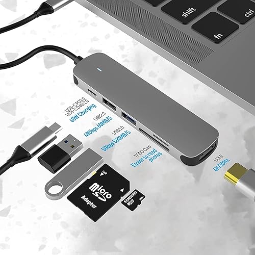 Miniatura 2 de Hub USB C, adaptador USB C 6 en 1 con USB 3.0, 4K-HDMI, conexión USB CPD, lector de tarjetas SDTF, estación de acoplamiento compatible con MacBook