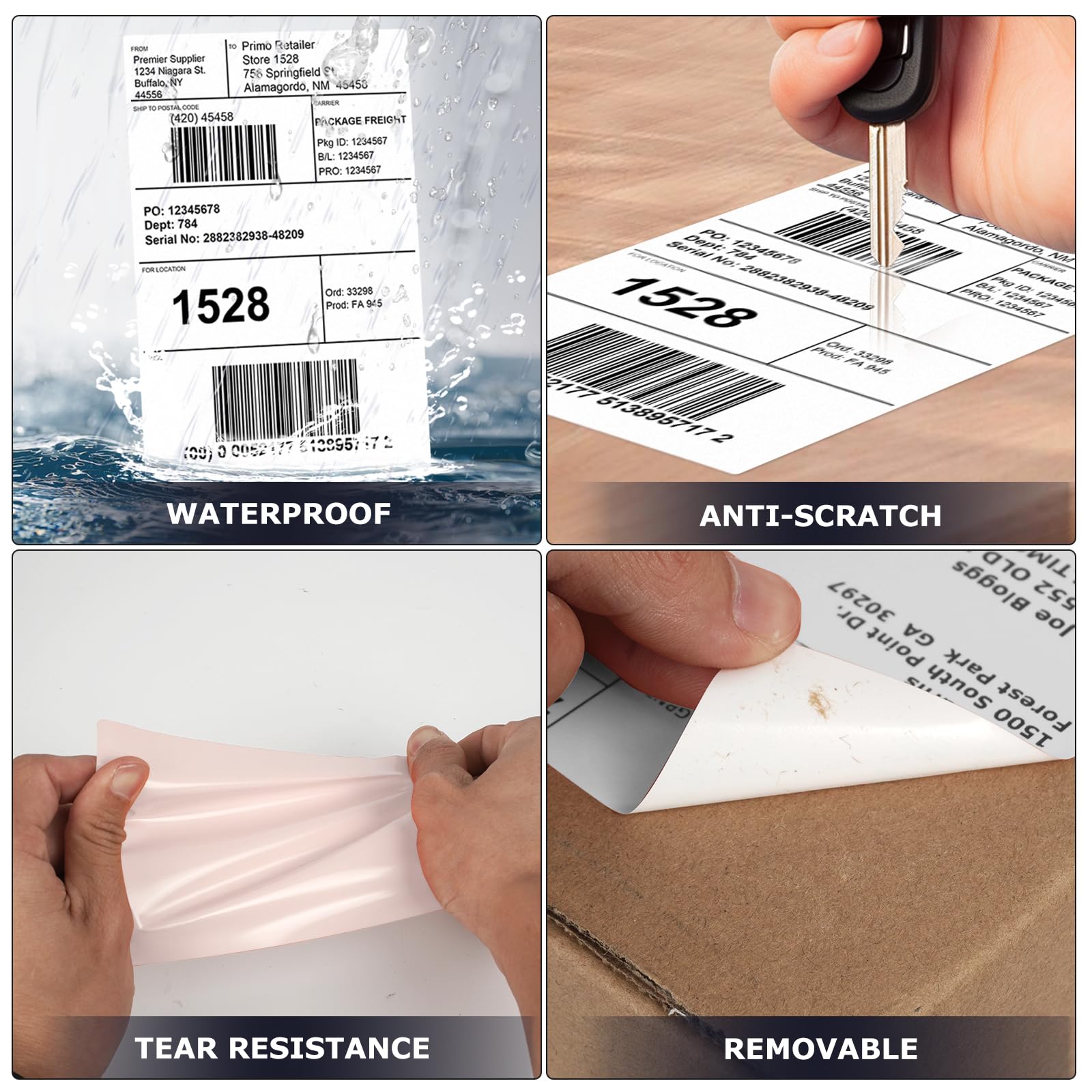 Lot de 500 étiquettes d'expédition blanches en vinyle autocollantes thermiques imperméables perforées thermiques directes pour bureau, entrepôt, maison