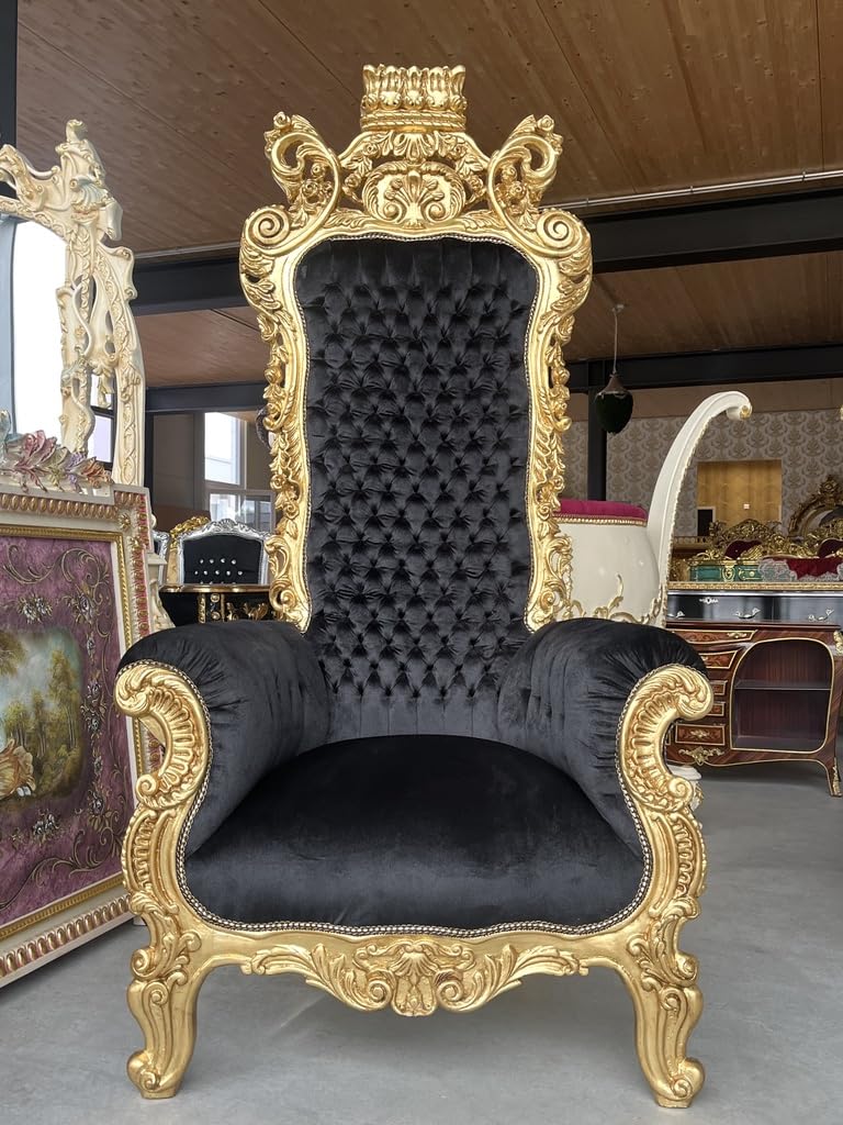 CasAmin Home & Living Sillón gigante con corona dorada, trono de terciopelo negro con mechones de pelo en estilo barroco con acabado dorado para decoración comercial como decoración de fiestas y