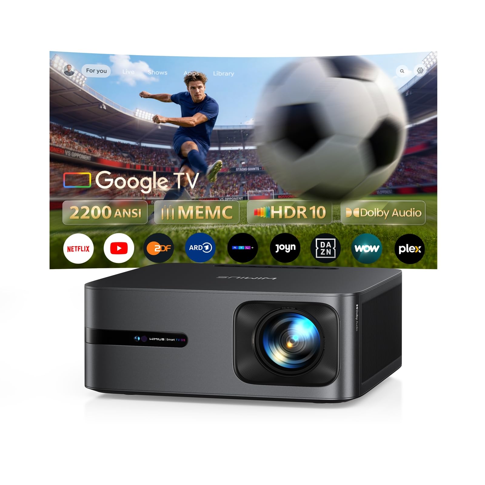 Beamer 4K Tageslicht mit Google TV 14.0, 2200 ANSI, MEMC, HDR10, 40W Dolby Audio, 4K Beamer Heimkino KI-Bildanpassung Smart Projektor Google Sprachsteuerung 2-Wege Bluetooth 5.4 WiFi6 2+32GB HDMI 2.1