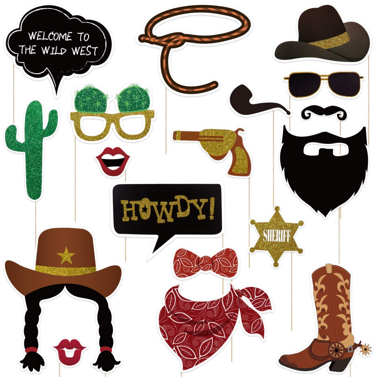Amosfun 18pcs West Cowboy Photo Booth Props for Western Theme Party Supplies