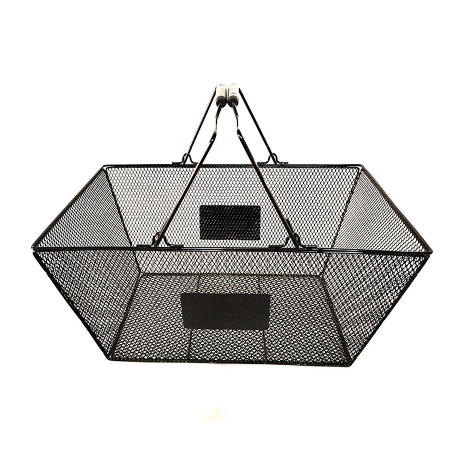 Cesta de Compras Metálica con Asas de Alambre Canasta Portátil para Supermercado Organizador Decorativo de Mano para Tienda Rejilla Resistente para, Negro, Individual