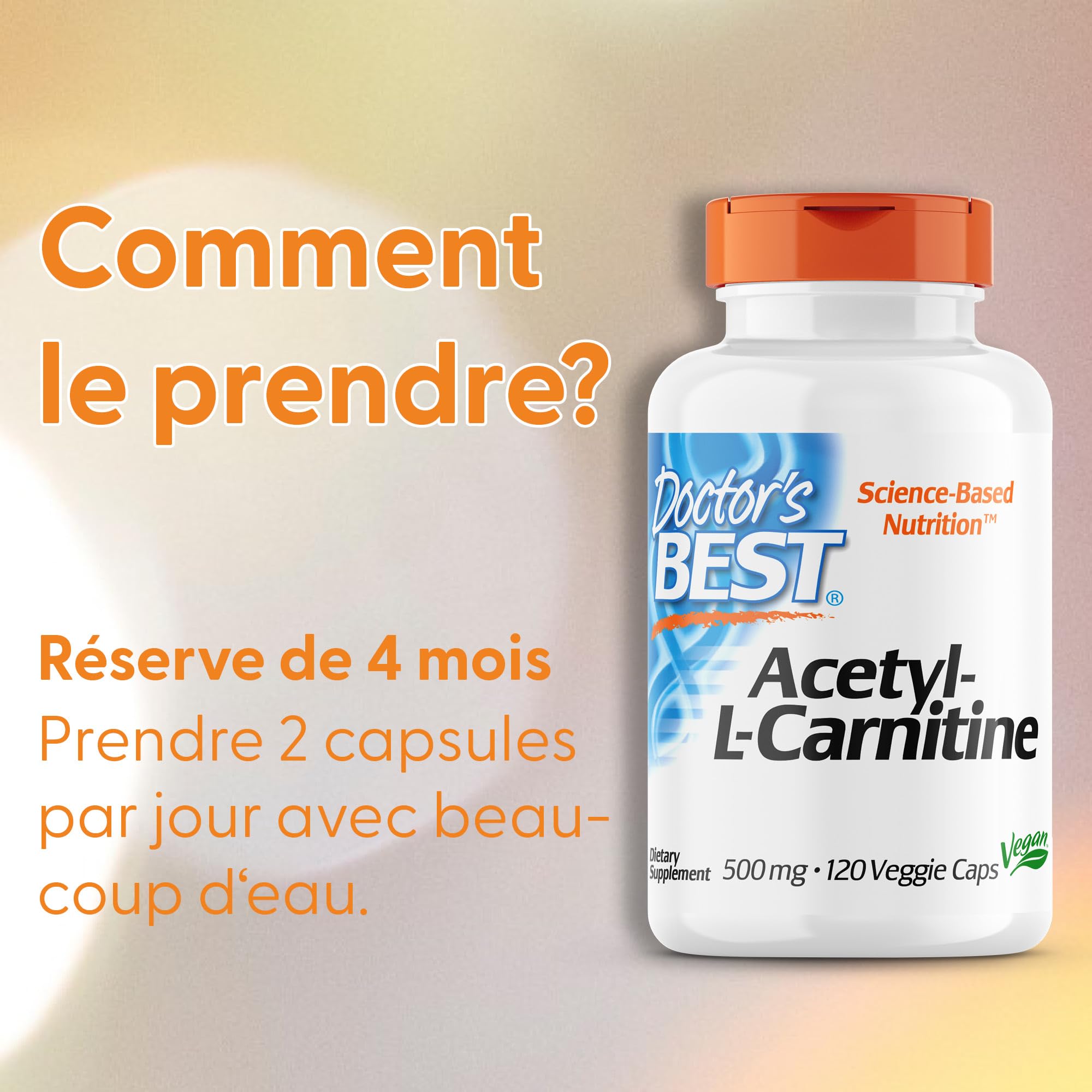 Doctor's Best, Acetyl-L-Carnitin, 500mg, 120 Capsules végétaliennes, Sans Gluten, Sans Soja, Végétarien, Sans OGM