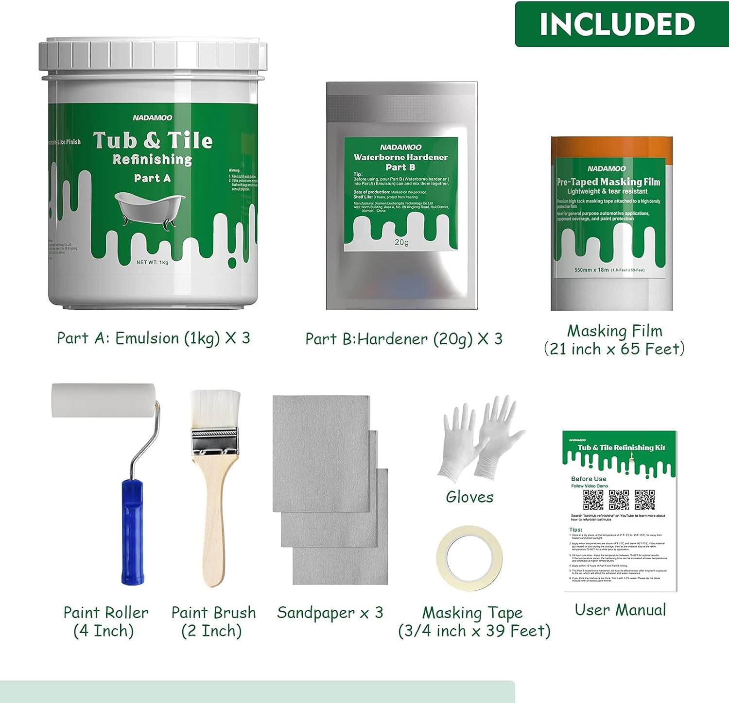 NADAMOO Tub and Tile Refinishing Kit White 4kg （1kg + 3 kg）,