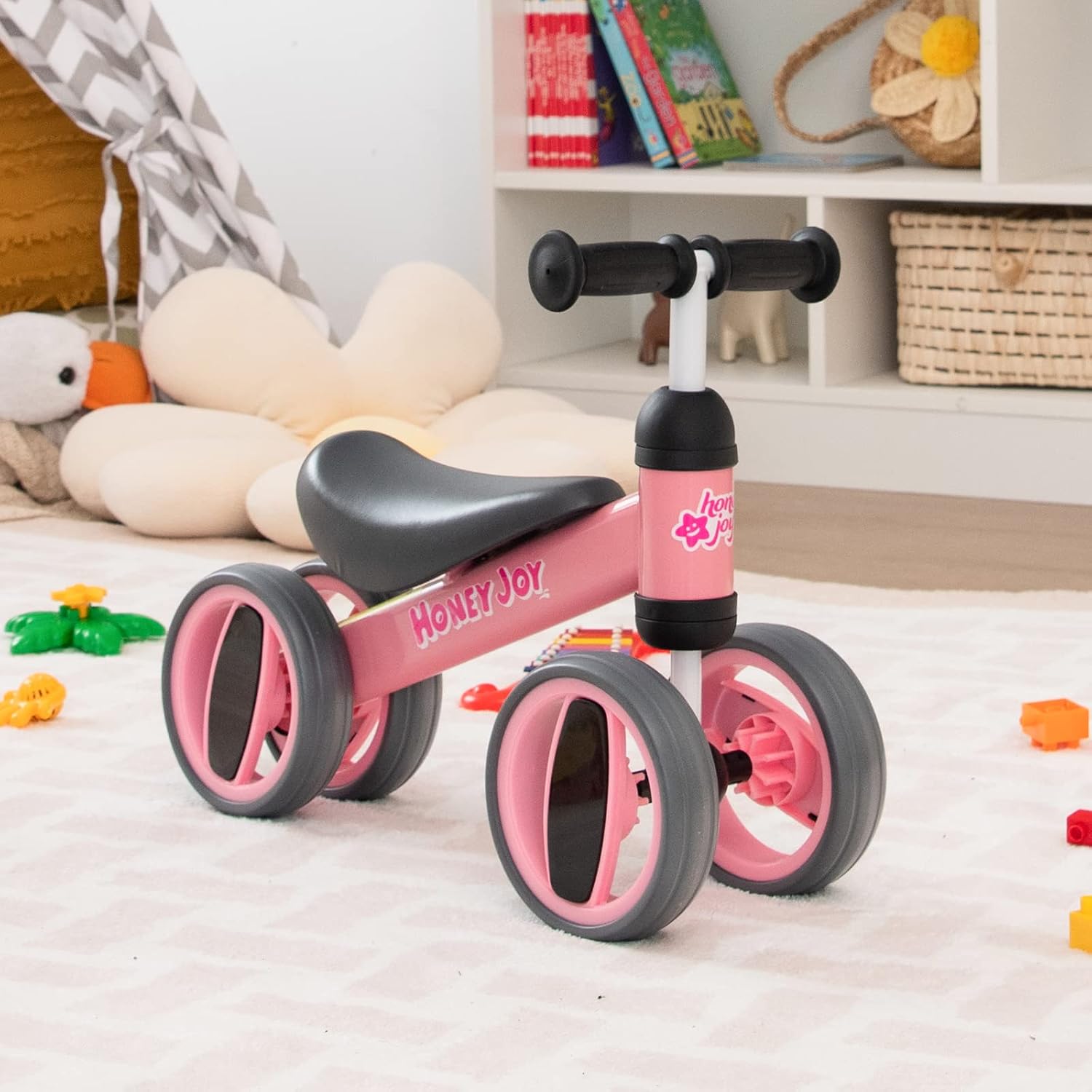 HONEY JOY Baby Balance Bike, Toddler Balance Bicycle for 12-24 Month, 4 Wheels Toddler First Bike, No Pedal Toddlers Walker Bike Riding Toy for 1 Year Old Boys Girls, First Birthday Gift