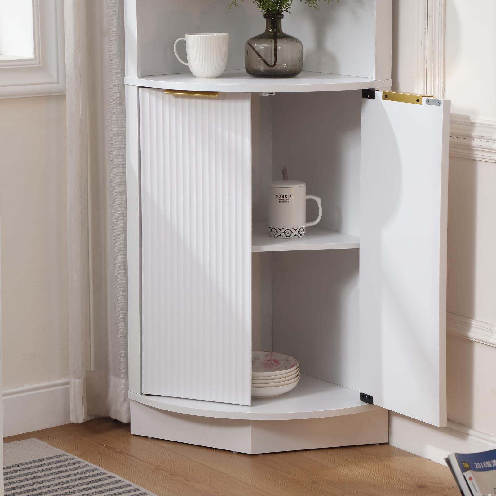 FOREST GRAVITY Hoher Badezimmer-Eckschrank Schlanker Wohnzimmer-Esszimmer-Aufbewahrungsschrank Corner Cabinet Möbel Schmaler Schrank mit Schublade Verstellbare Einlegeböden 73.5 * 164 cm Weiß