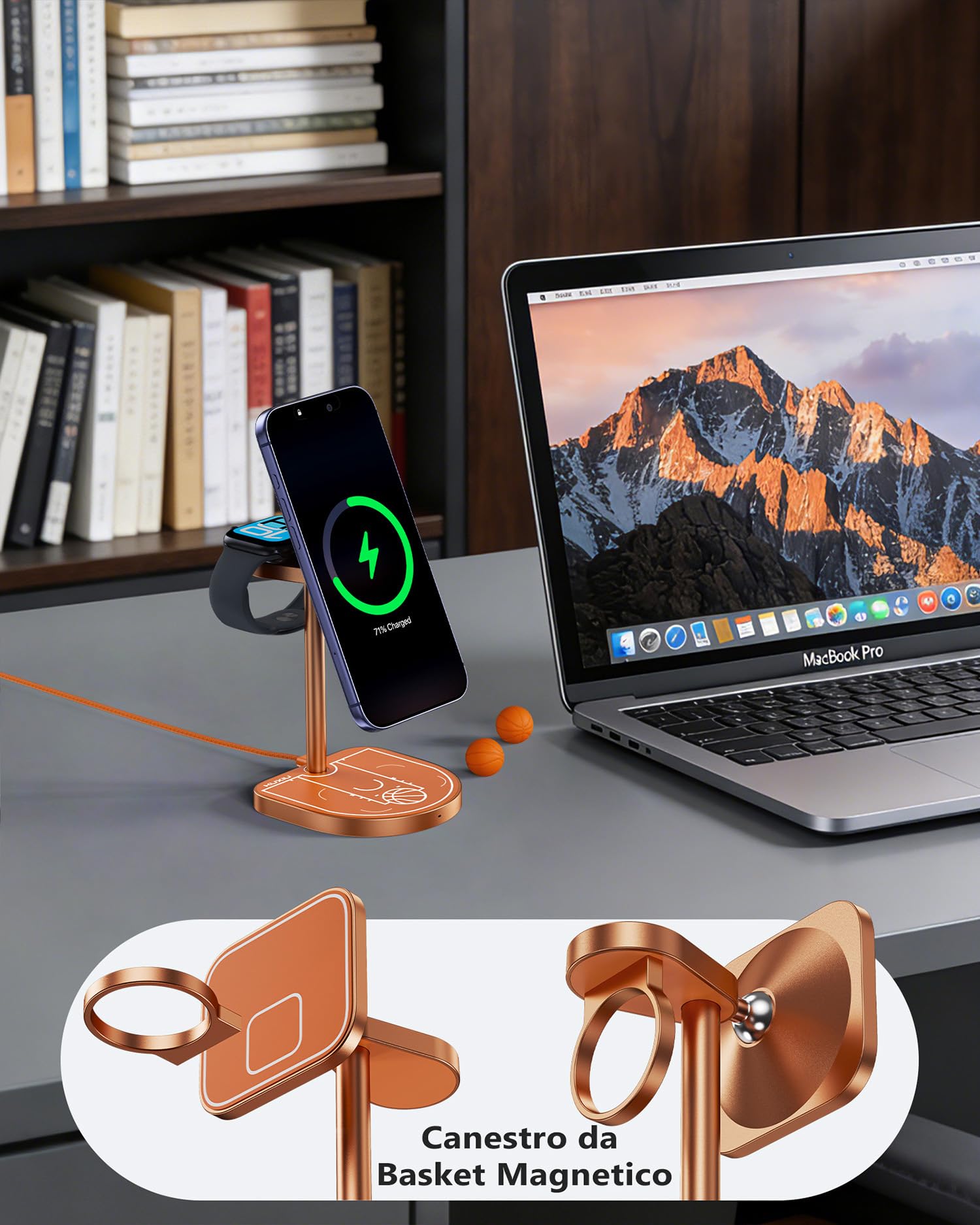 KUXIU X85 Turbo Qi2.2 25W Caricatore Wireless Magnetico 3 in 1, Stazione di Ricarica per iPhone 17-12/Apple Watch/Airpods, Design a Tema Pallacanestro in Lega di Alluminio, con 45W Adapter, Arancione
