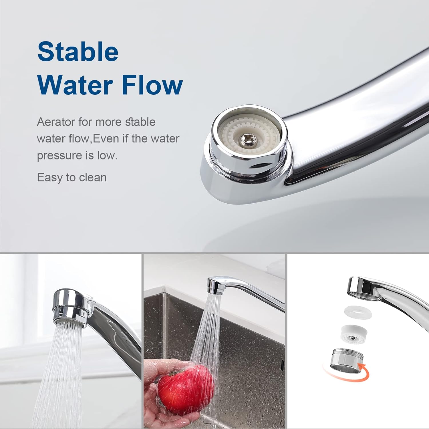 Close-up of faucet aerator and disassembly steps