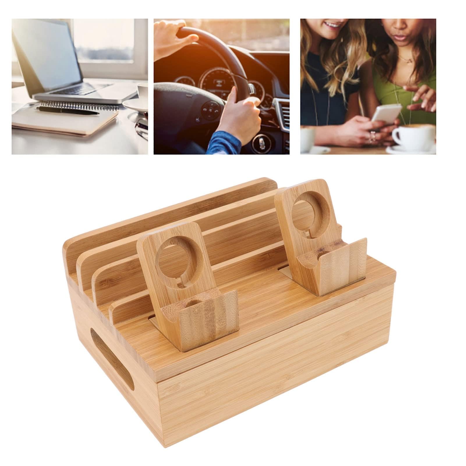 Station de Charge multifonctionnelle avec 5 Ports de Chargeur USB, boîte de Rangement de Chargeur en Bois avec Support de Montre pour téléphones Mobiles, tablettes, Montres, (Couleur Originale)