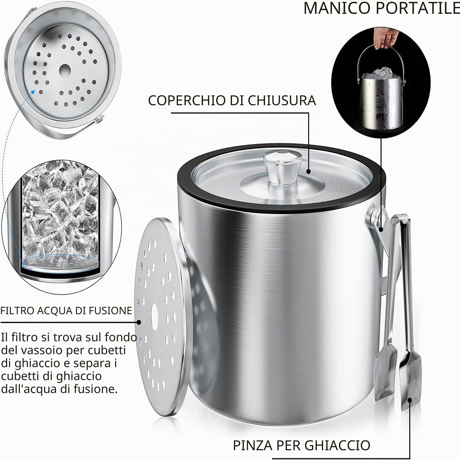 Contenitore rotondo per cubetti di ghiaccio, contenitore rotondo per cubetti di ghiaccio, da 2 l, in acciaio inox, per bar, feste, per conservare bevande