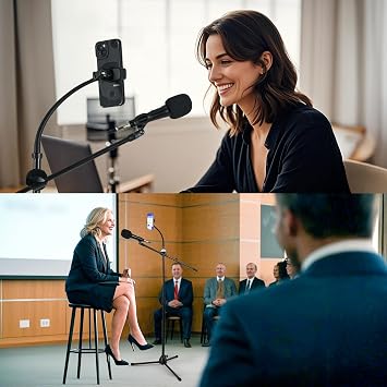 Microphone Floor Stand, Mic Stand Floor with Phone Holder Height Adjustable, Heavy-duty Tripod Stable Stand with Boom Arm Dual Device Mount for Streaming, Podcasting, Recording, and Live Performances