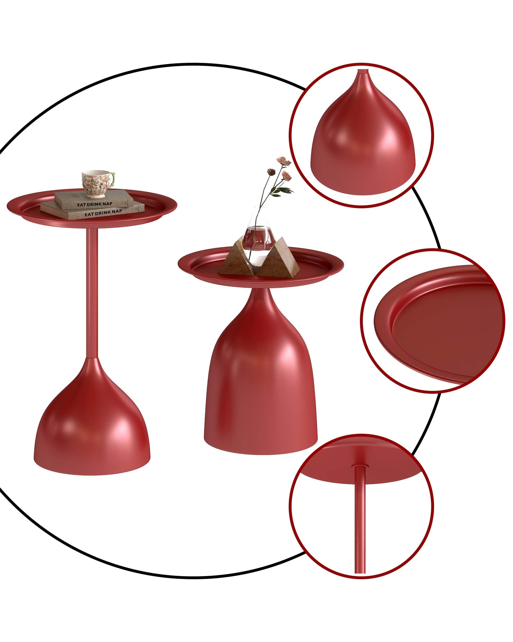 Set di 2 Tavolini Rotondi in Metallo, Piccolo Tavolino Camera da Letto per la Decorazione di Interni, Tavolino da Caffè in Metallo Rosso (Diametro 40 x 60 cm e 40 x 42 cm)