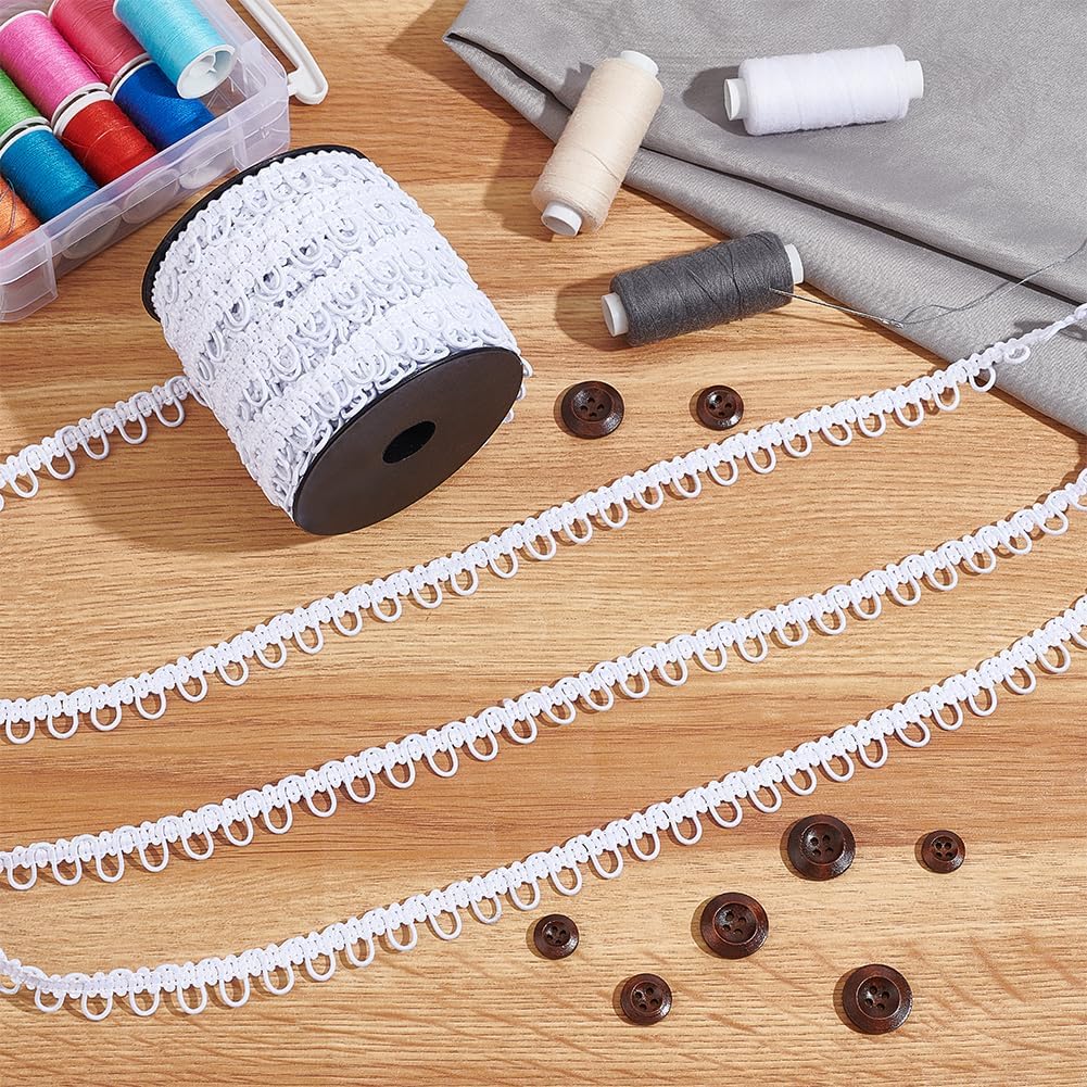 PH PandaHall 27 Yards White Braid Trim with Elastic Button Loop, Polyester Stretchy Loop Trim Buttonhole Ribbon Upholstery Trim Embellishment for Sewing, Clothing, Dress, Shirt