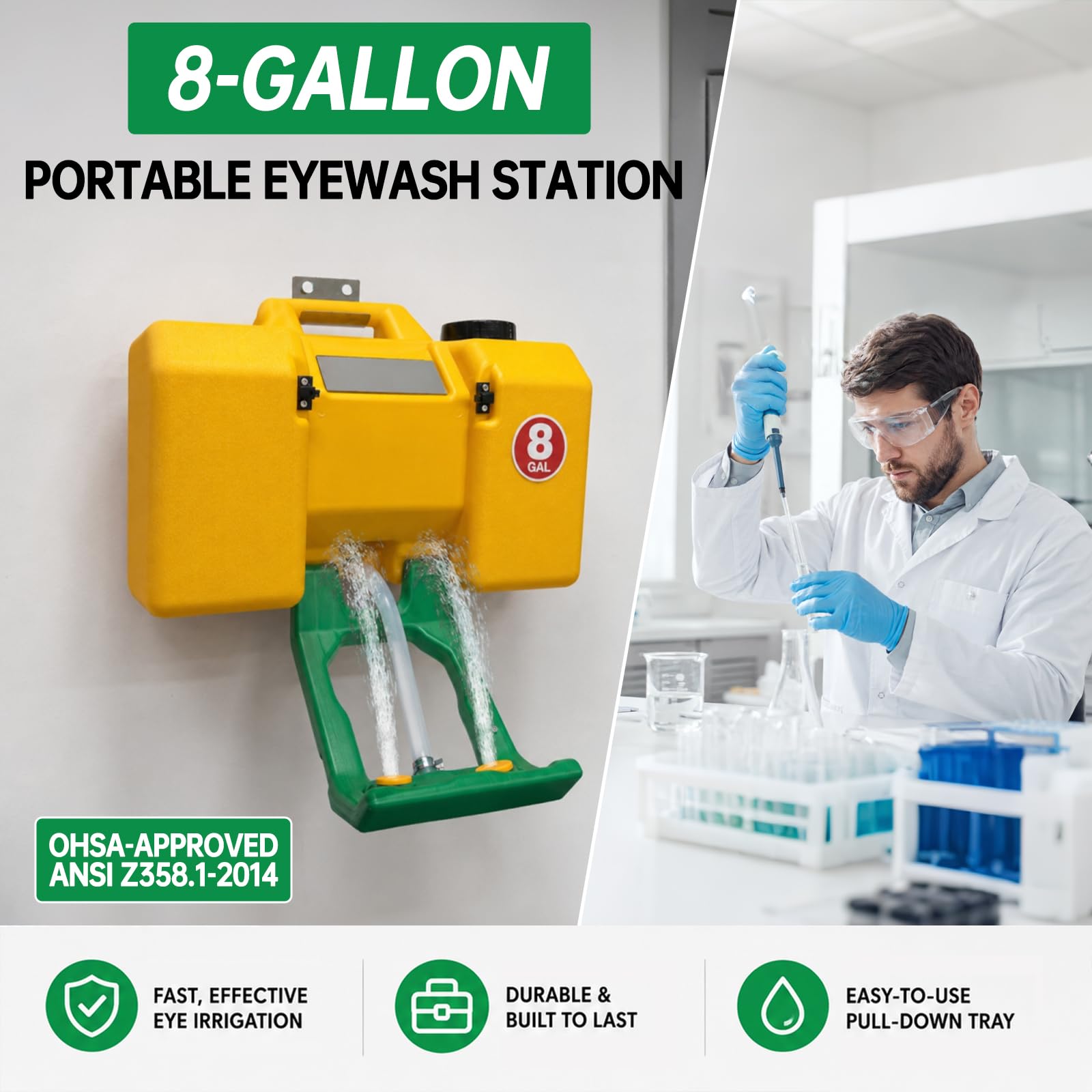 Estación de lavado de ojos portátil aprobada por la OSHA, kit de riego de lavado de ojos de emergencia de 8 galones, certificado ANSI