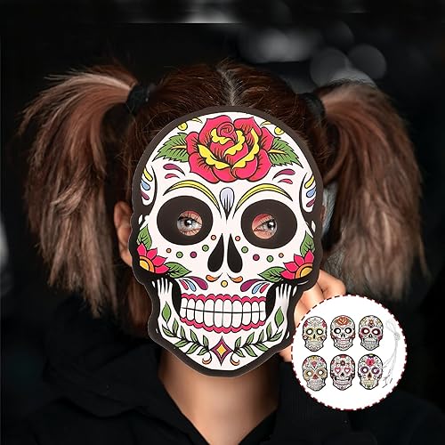 Miniatura 2 de EXCEART 6 máscaras del Día de los Muertos, máscaras de papel de calavera, esqueletos, máscaras de cosplay, fiesta del Cinco de Mayo, sombreros para