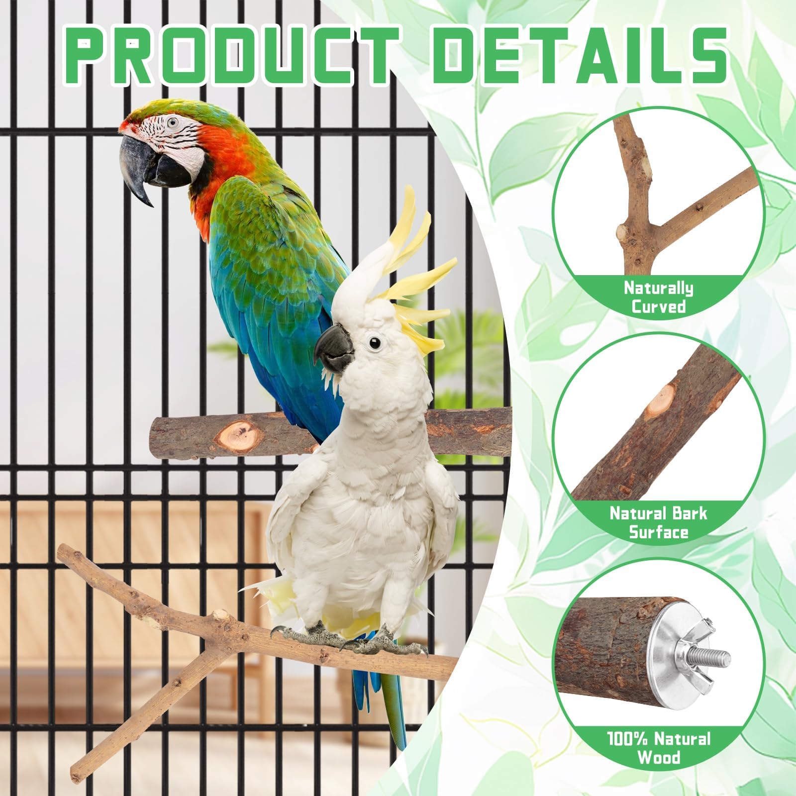 BILLIOTEAM 4-Pack Natural Wood Bird Perch Stand with Spacious Platform, Thick & Long Branches, Large Parrot Cage Accessories for African Grey, Macaws, Conures, Eclectus (Medium & Large Birds) - image 3