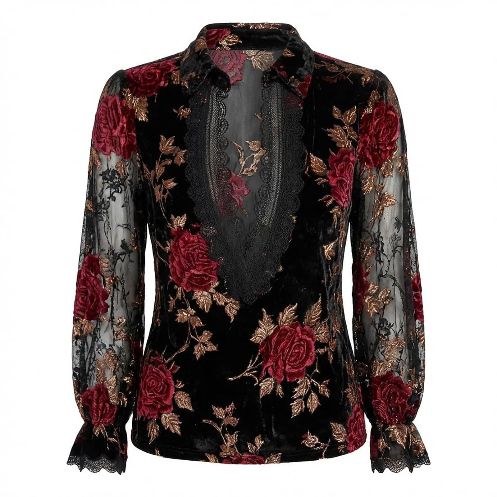 Blusa de encaje elegante para mujer, camiseta de encaje de manga larga, cuello en V, blusa de encaje vintage, blusa de encaje para mujer, elegante blusa, top de flores, encaje, camiseta de malla