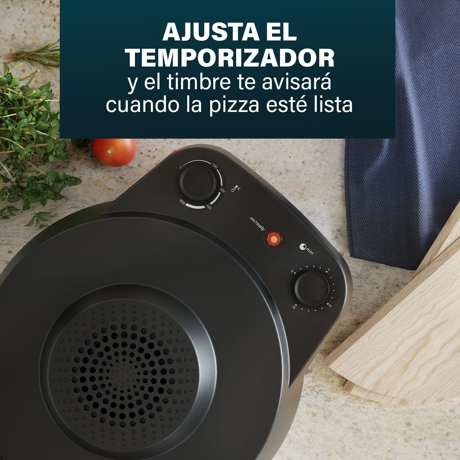 Princess 115005 Horno para pizzas, 30 cm, Piedra especial para pizzas, 2 palas para sacar la pizza del horno, Temperatura (hasta 400 C) y temporizador (15 min.) ajustables, 1200 W