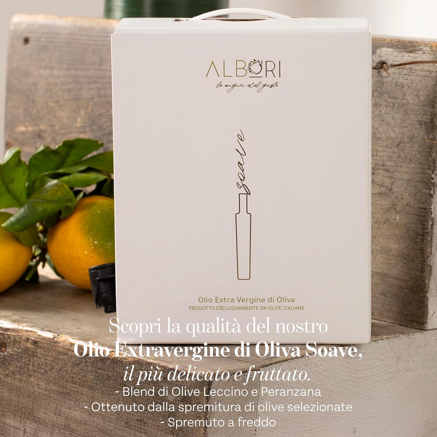 ALBORI Soave - Olio Extravergine di Oliva Italiano 5 Litri NUOVO 2025/2026 Estratto Freddo, Olio di Oliva con Olive Leccino e Peranzana Delicato per Pesce, Carne, Verdura, Box con Versatore Antispreco