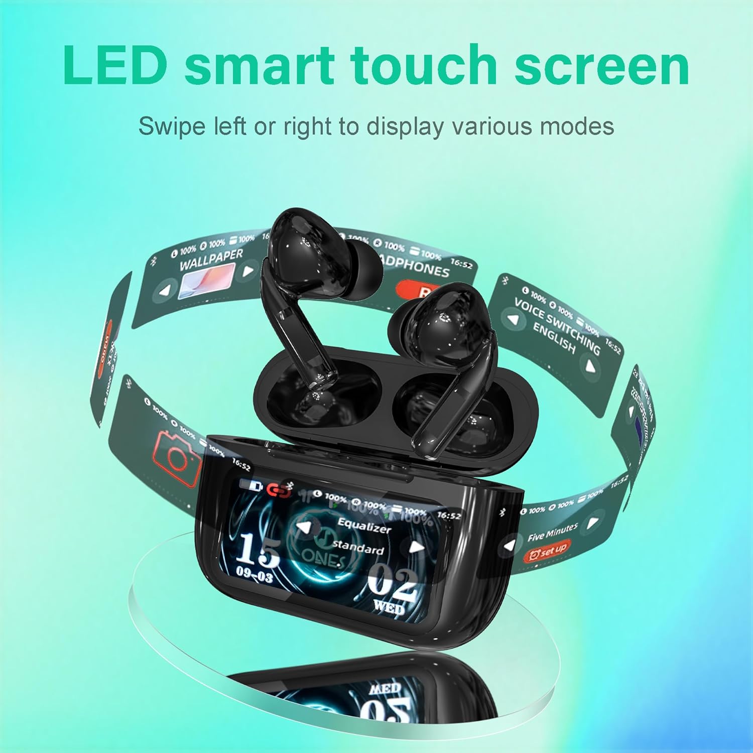 ONES MusPlayE Wireless Earbuds, Bluetooth 5.4 Headphones in Ear with Touch Screen, Active Noise Cancelling, Hi-Fi Stere, USB-C, APP Connected, for iPhone, Android, iPad, Sports, Commuting, Exercise