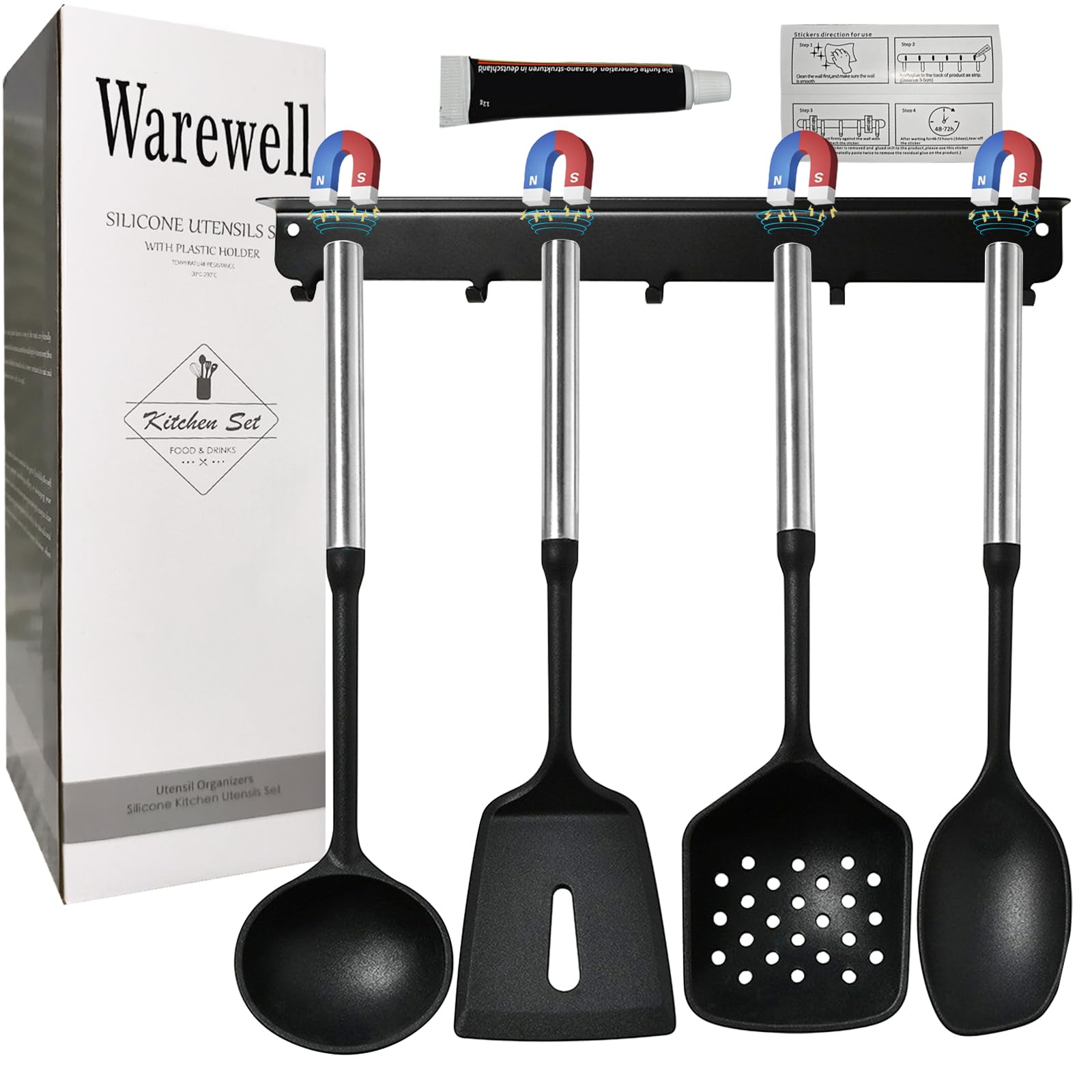 Warewell Magnetic Silicone Cooking Utensils Set with Self Stick on Wall Rack, No Need to Drill, Kitchen Utensils Set with Stainless Steel Handle, Heat Resistant, Nontoxic, Dishwasher Safe, Black