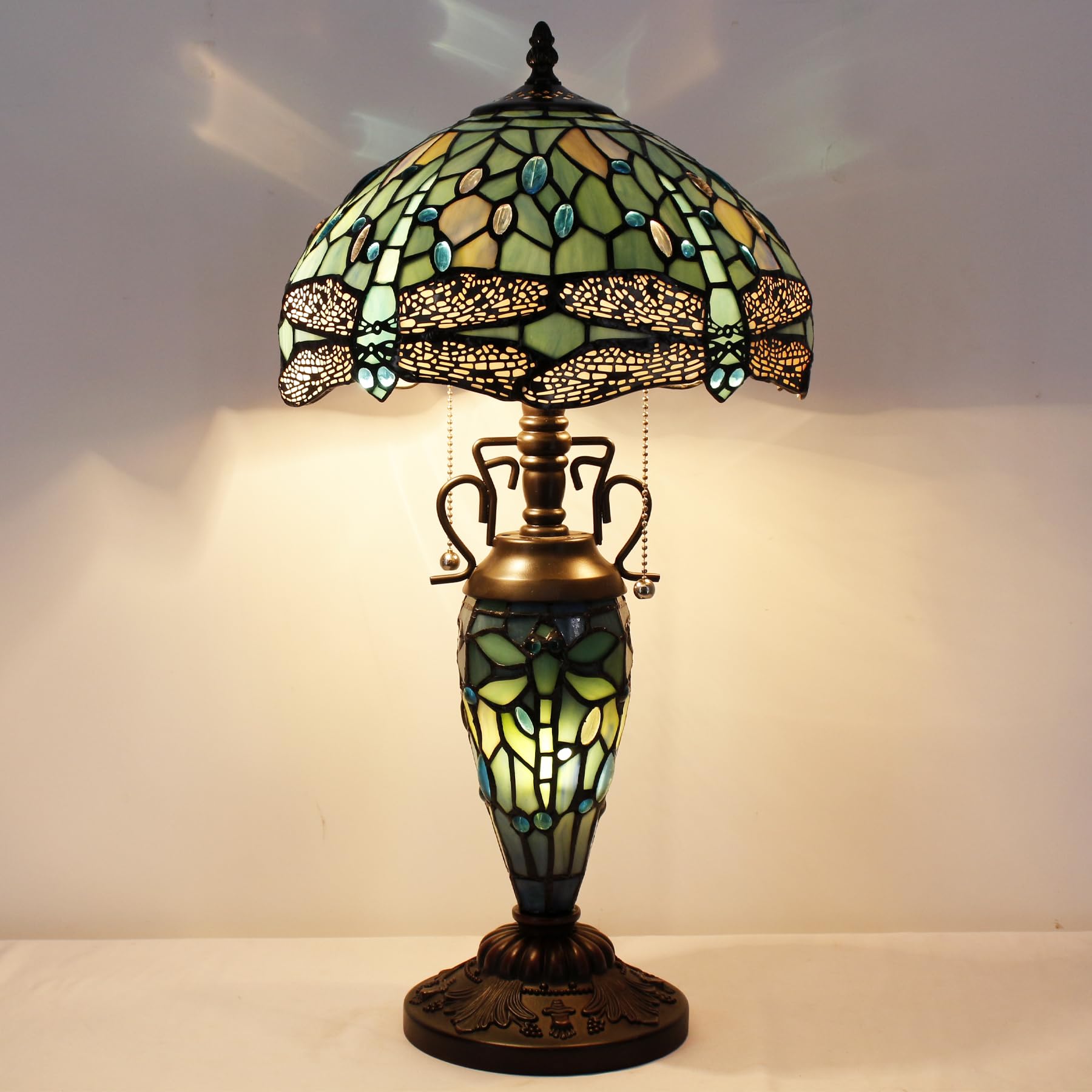 WERFACTORY Tiffany Table Lamp Sea Blue Stained Glass Dragonfly Style 12X12X22 Inches Mother-Daughter Vase Desk Reading Light Decor — view 4