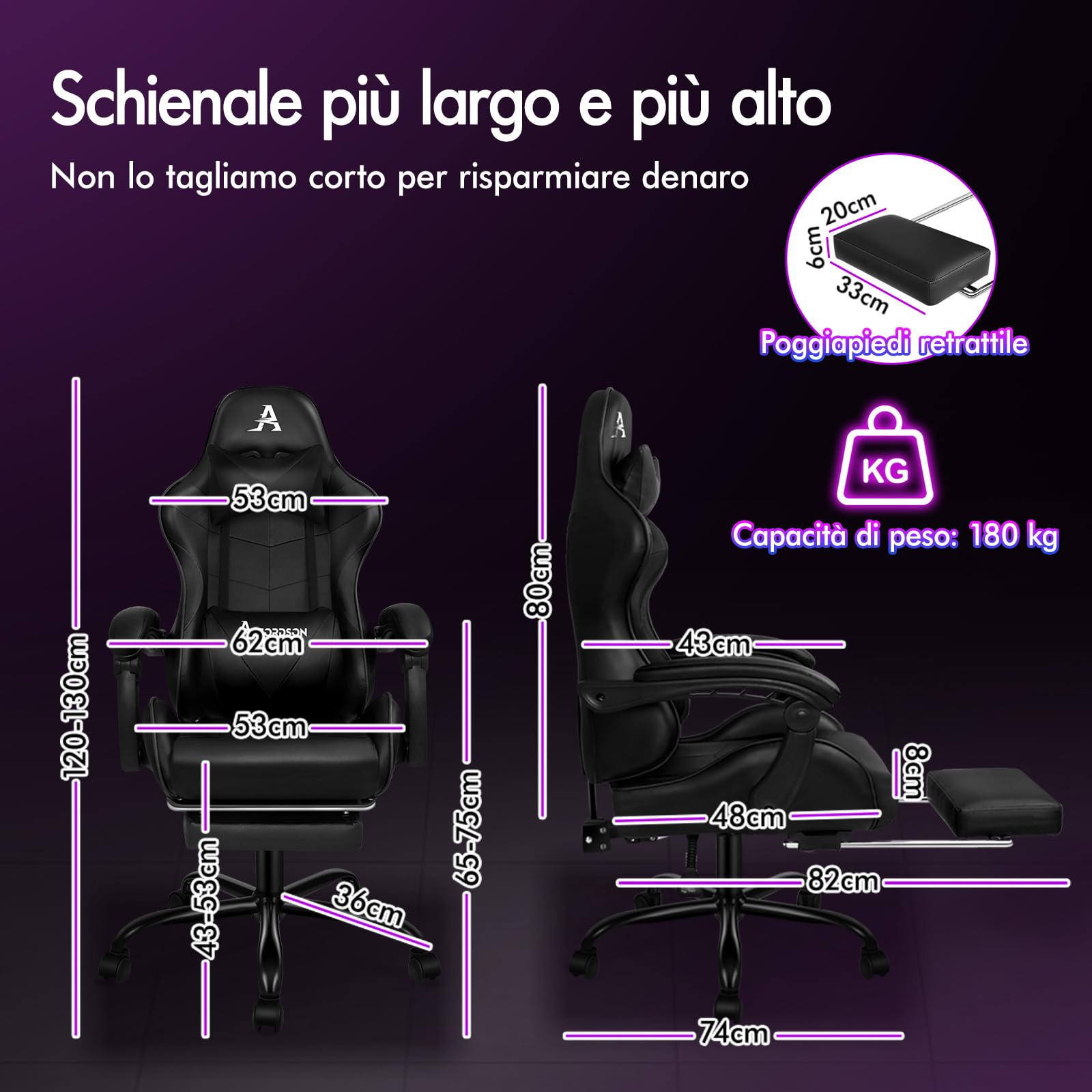 ALFORDSON Sedia Gaming Massaggiante, Sedia Professionale Gamer con Poggiatesta e Cuscino Lombare, Ergonomico Poltrona da Ufficio Schienale Regolabile 90-150°, Portata 180 kg, Similpelle(Nera)