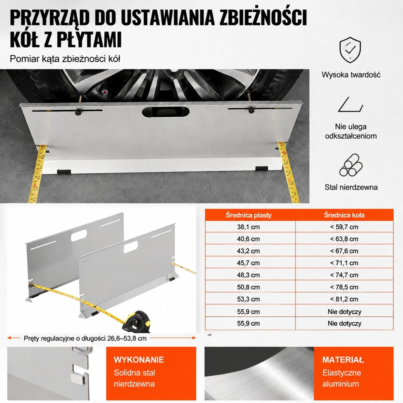 Narzędzie do geometrii kół z płytami zbieżności, miarką i tabelą konwersji do auta oraz garażu