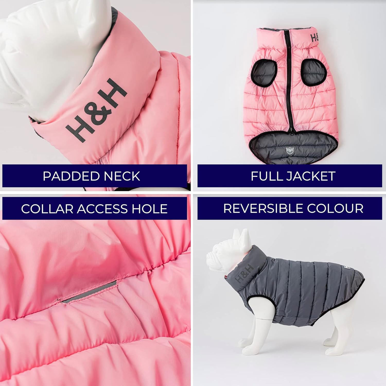 HUGO & HUDSON Reversible Dog Puffer Jacket, Windproof Water Resistant Coat, Light Pink & Grey, S30 6