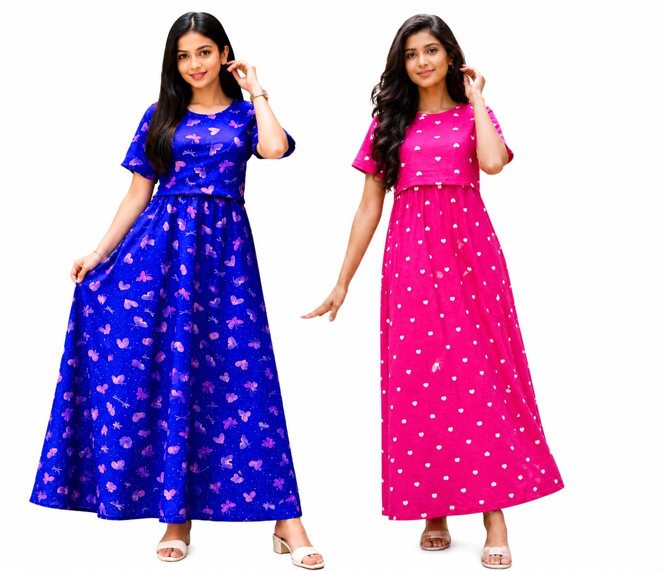 RENIS.Store Women's 100% Cotton Zipless Feeding Maternity Nighty Pack of 2 | Pull Up Nursing Night Dress | Soft Pregnancy & Feeding Wear | Blue(Pink Butterfly)_Pink(White Heart) | Size-L-image-15
