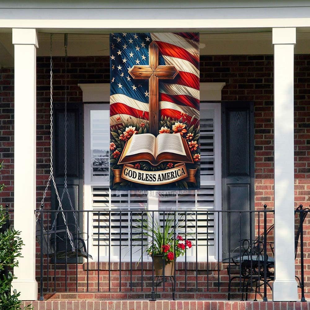American Flag-God Bless America Christian Cross American Flag TQN2673F, House Flag (29.5" x 39.5")-USA Flags Premium Polyester-Decorative Indoor Outdoor Flag