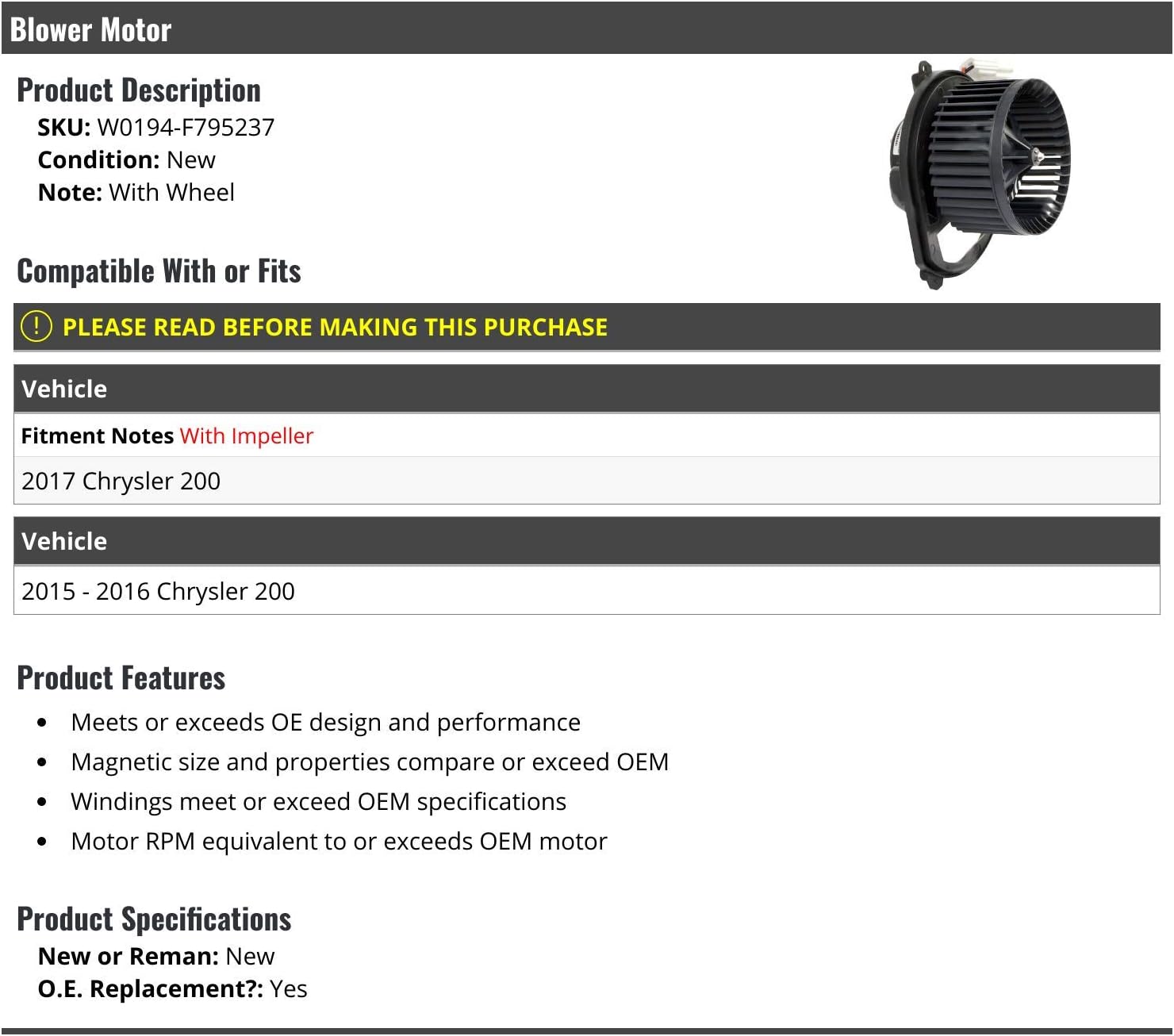Blower Motor with Wheel - Compatible with 2015-2017 Chrysler 200