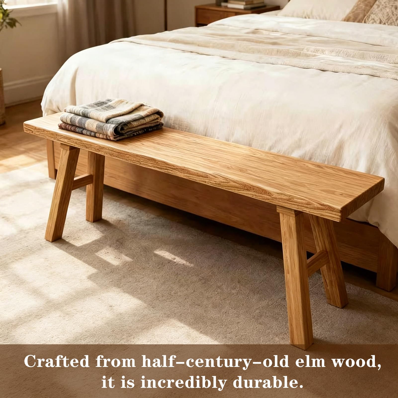 Reclaimed Elm Rustic Entry Way Benches Seat-Farmhouse Indoor Solid Wooden Noodle Bench,Maximum Load 880IB,Handcraft for Entryway Bedroom/Living Room/Dining Room