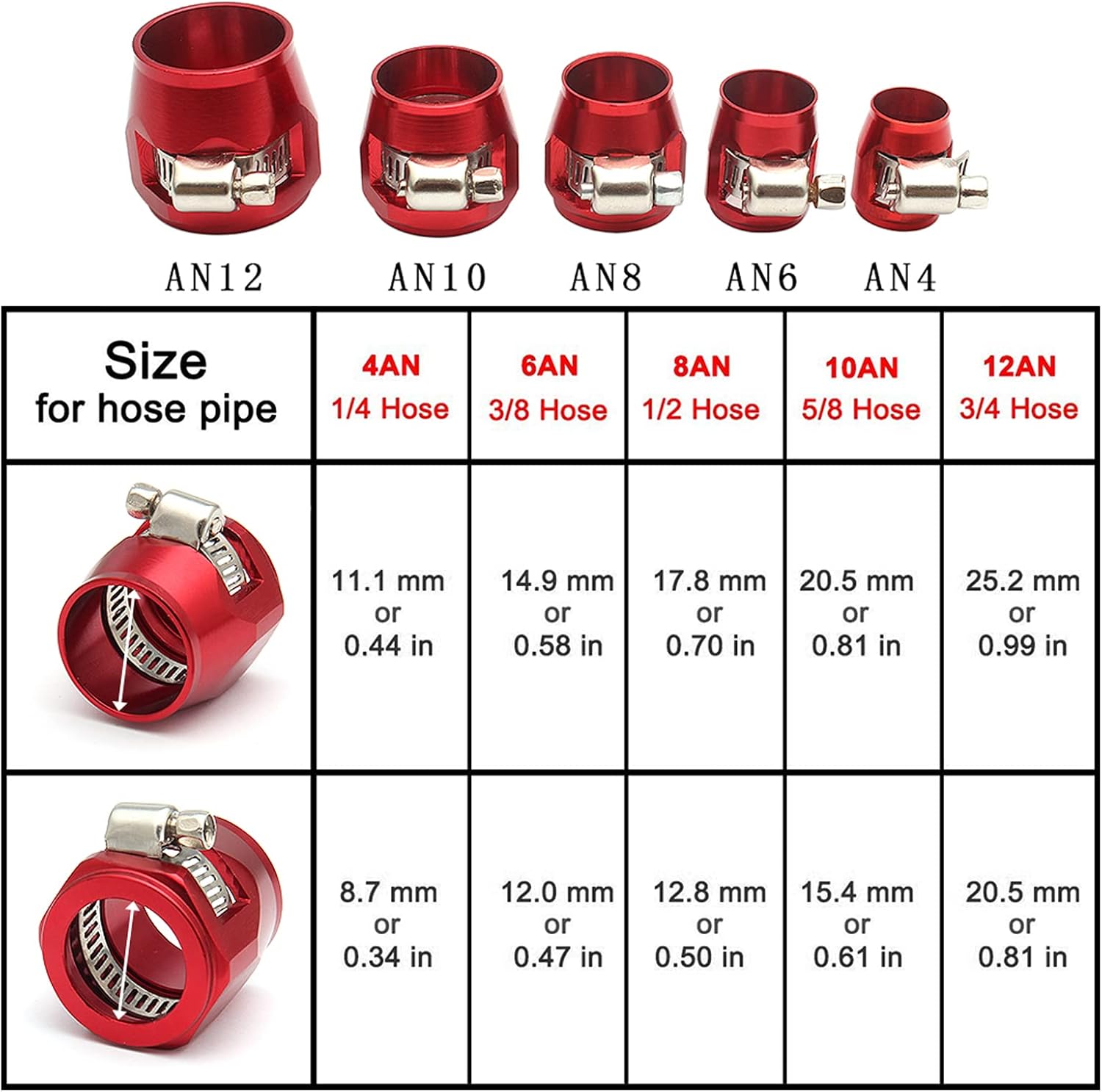 4Pcs AN6 Flexible Rubber Hose Pipe Clamp with Screw Band for Fuel/Oil/Gas/Air and Water - Red