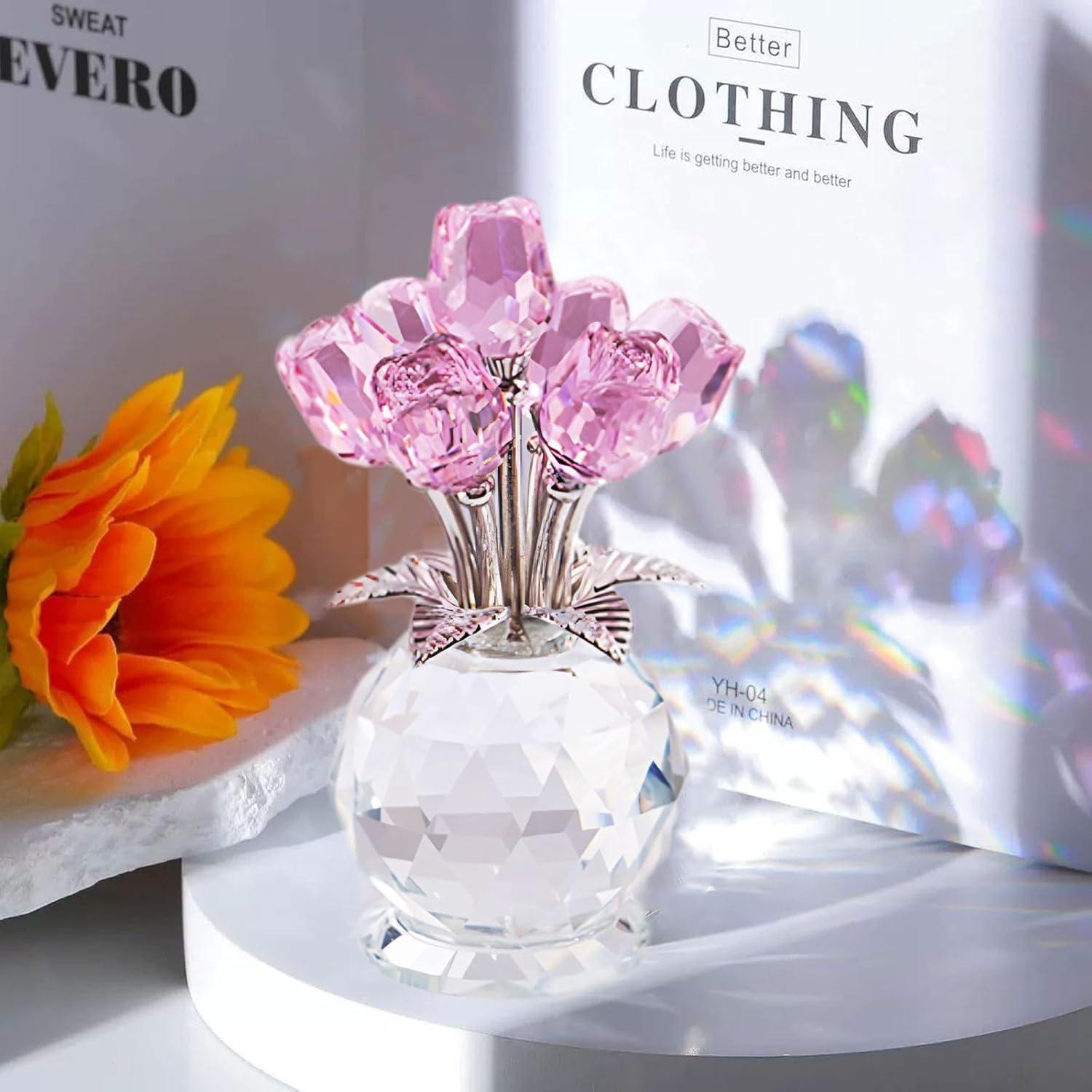 Crystal Rose Flower Collectible Figurine,Valentines Gifts for Girlfriend or Wife Bouquet Figurines Artificial Flowers Quartz Glitter Roses for Glass Flowers(Pink) - Image 7