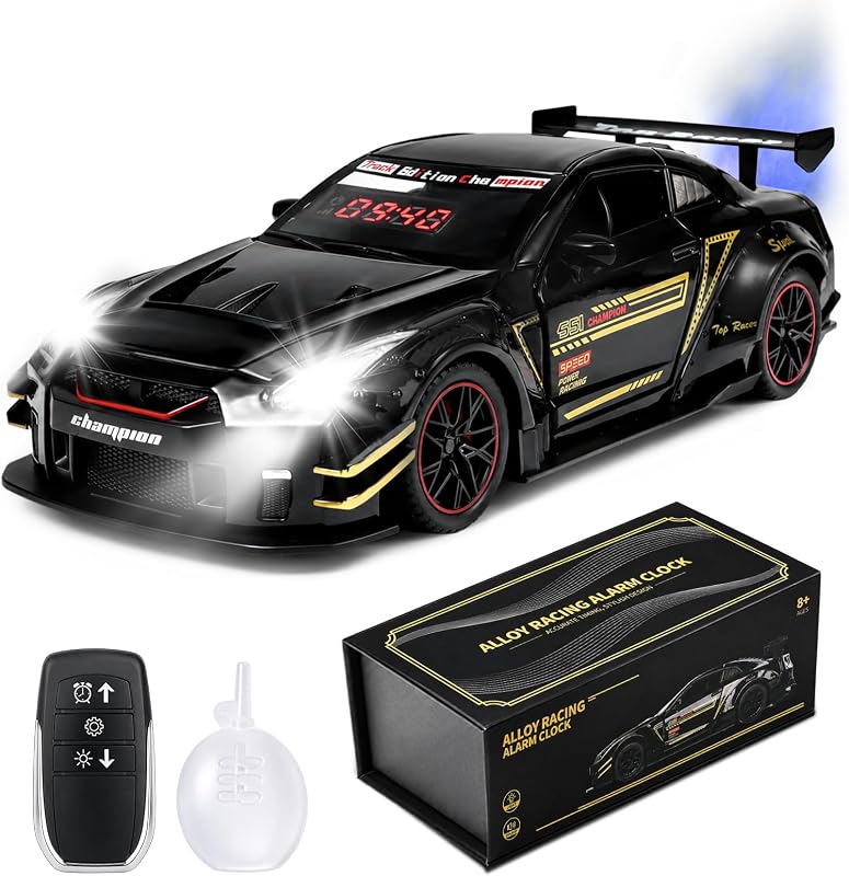 Reloj despertador ruidoso para auto para adultos con sueño pesado y sonido de motor | Modelo Hypercar LED digital, niebla de escape y efectos de luz, auto de carreras interactivo
