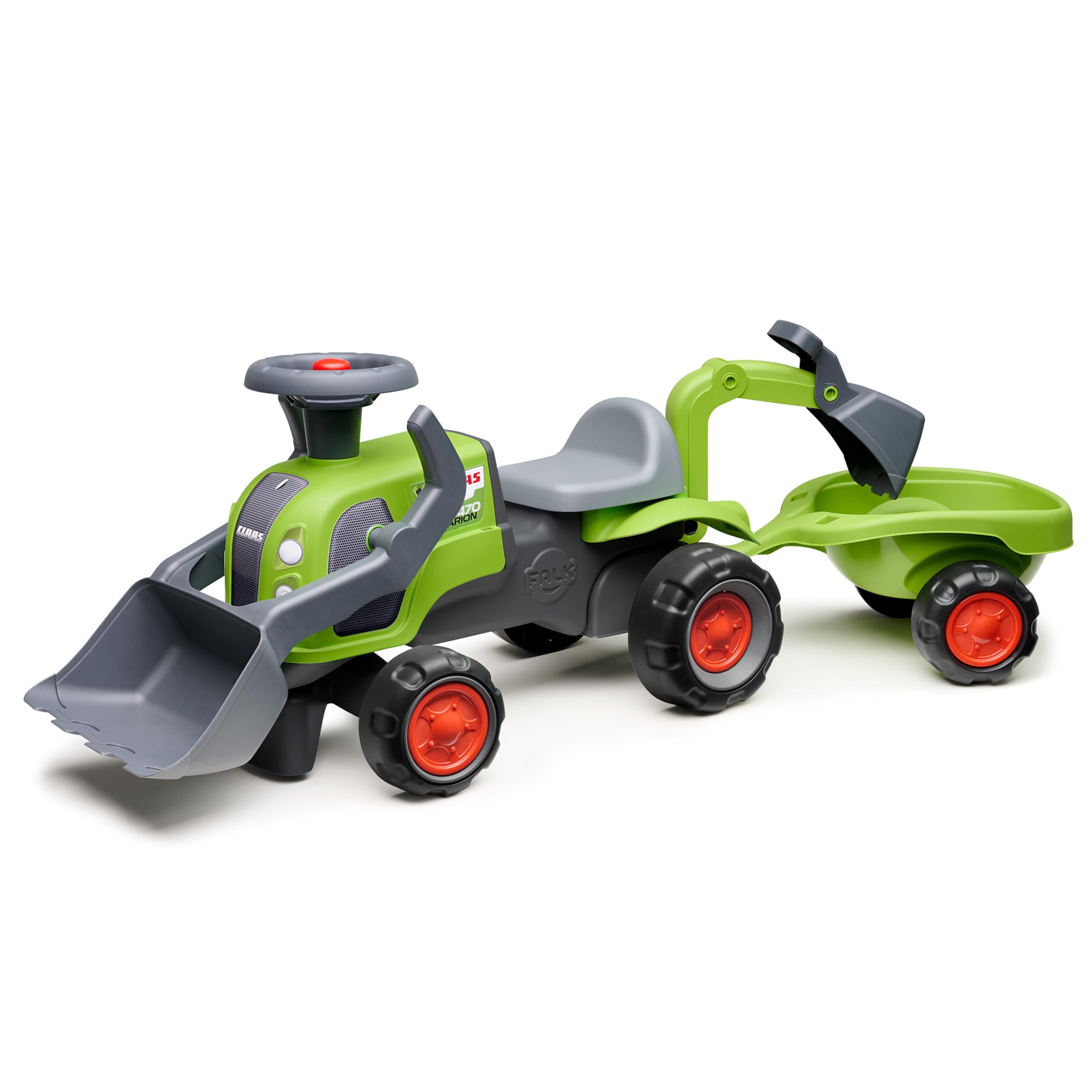 FALK Traktor Claas – Grün – leise Räder – Lenkrad – Frontbagger – Bagger und Anhänger – 90% recycelter Kunststoff ab 12 Monaten – 312NS
