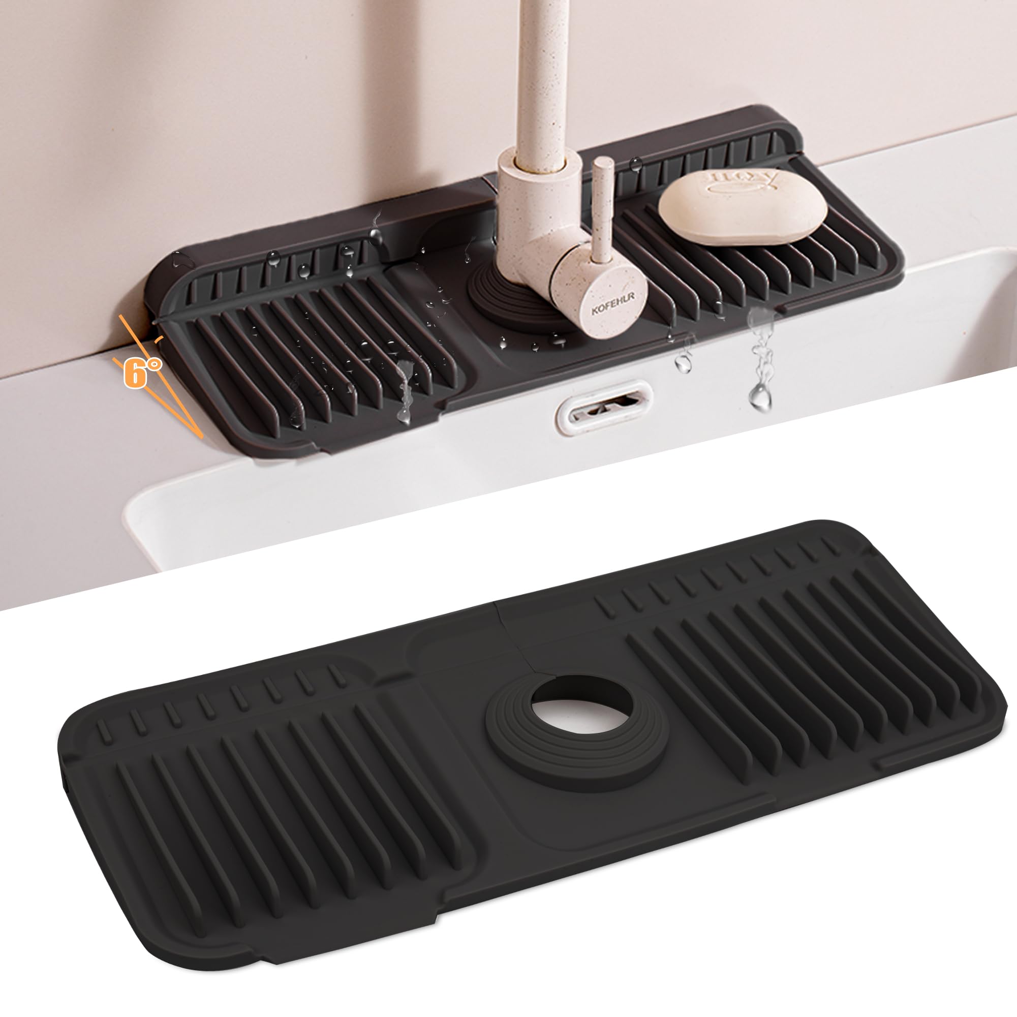 Volminex 6° Slope Kitchen Sink Splash Guard Mat, Silicone Faucet Mat Foldable, Faucet Handle Drip Catcher Tray, Draining Pad Around Tap for Kitchen Bathroom (Black, 37 x 14 cm)