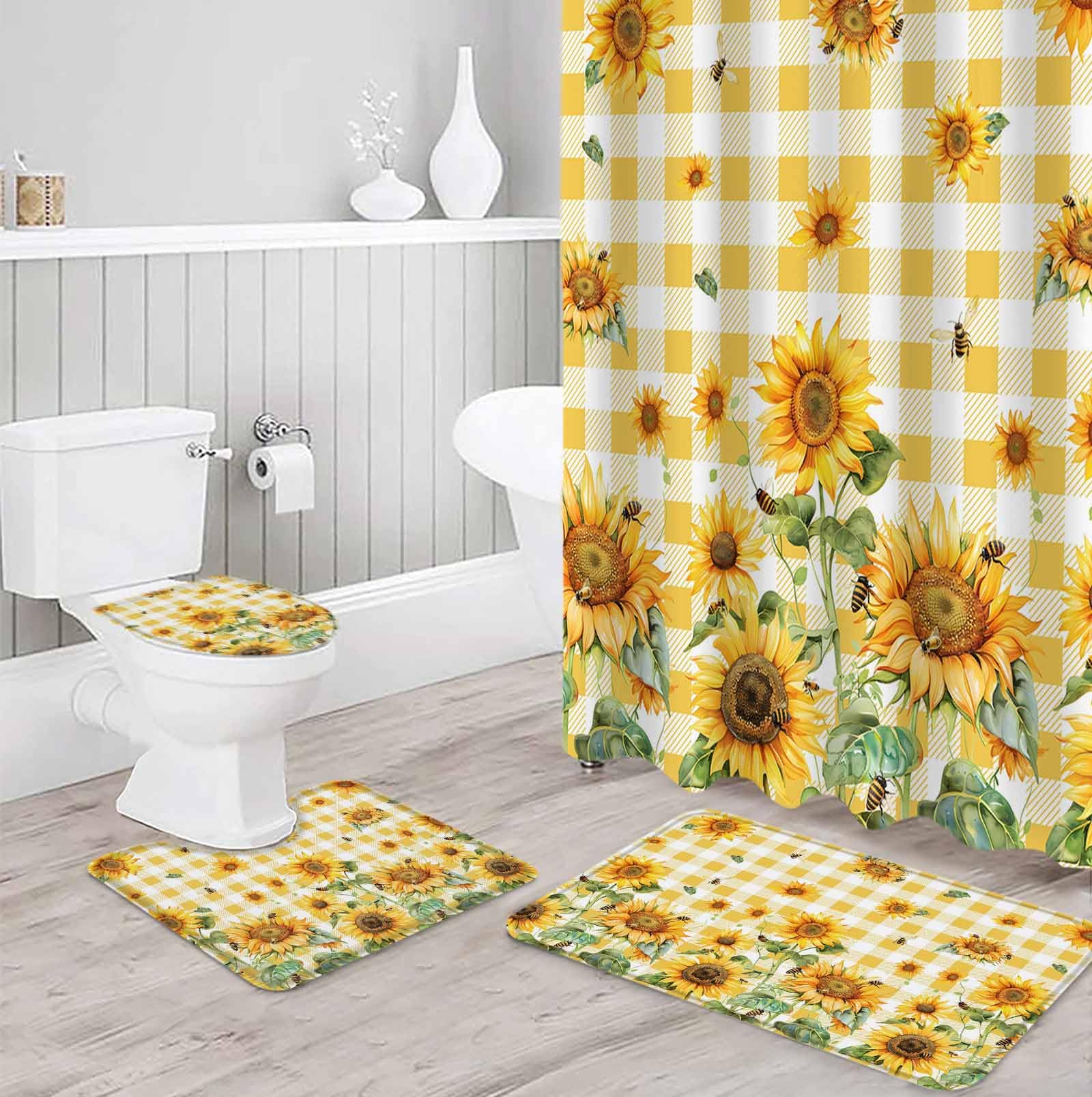 Orange Sunflower Bathroom Set with Shower Curtain and Rug Accessories - 72x72 Inches Long Bee Floral Summer Rustic Buffalo Check Bathtub Curtain Waterproof with Large Bath Mat,Washable Runner Rug Set