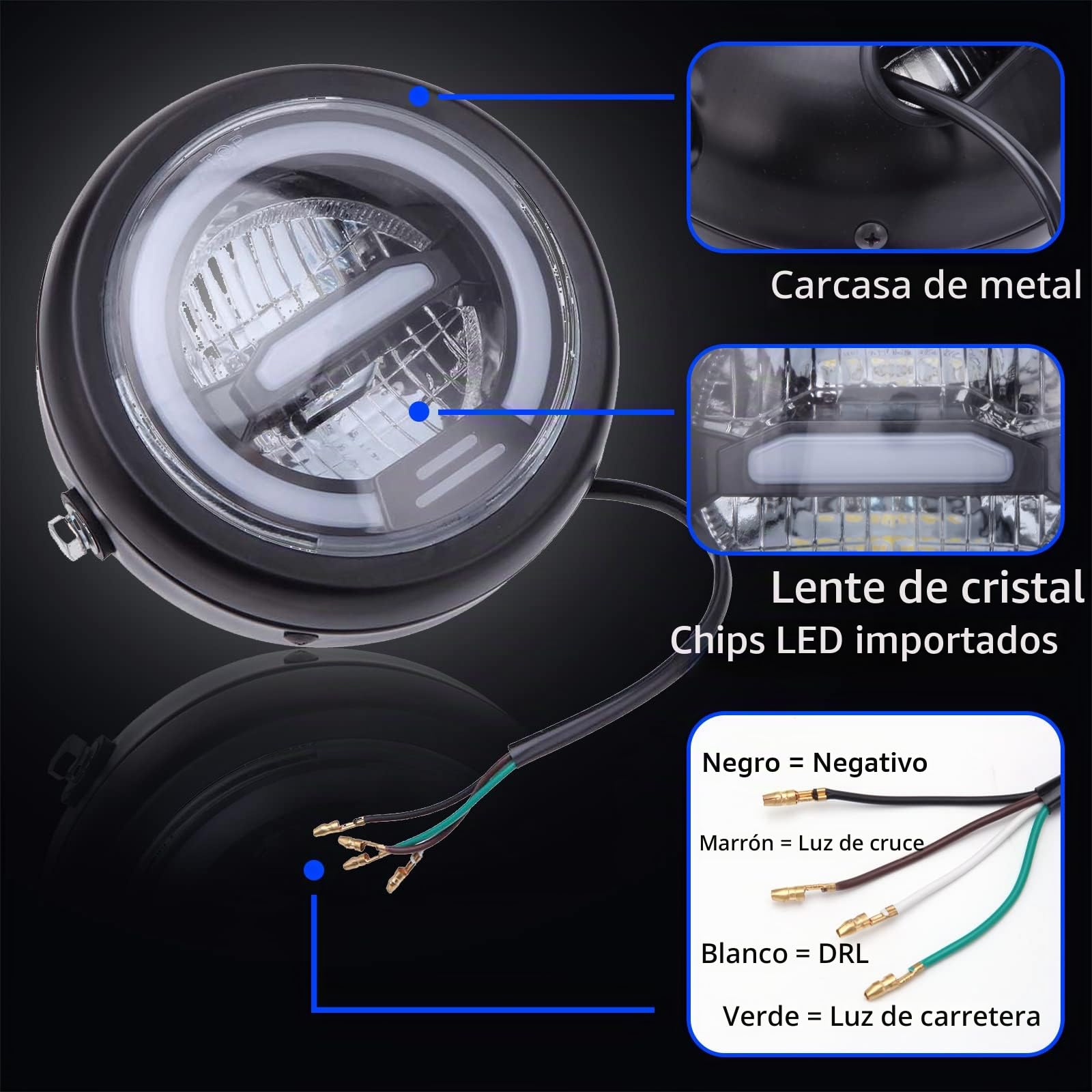 JMTBNO Faro Delantero LED para Moto 6,5 Pulgadas con soporte para Faros Motocicleta, Luces de Conducción Diurna Halo DRL Luz Blanca Universal 12 V para Bobber Chopper Cafe Racer Retro