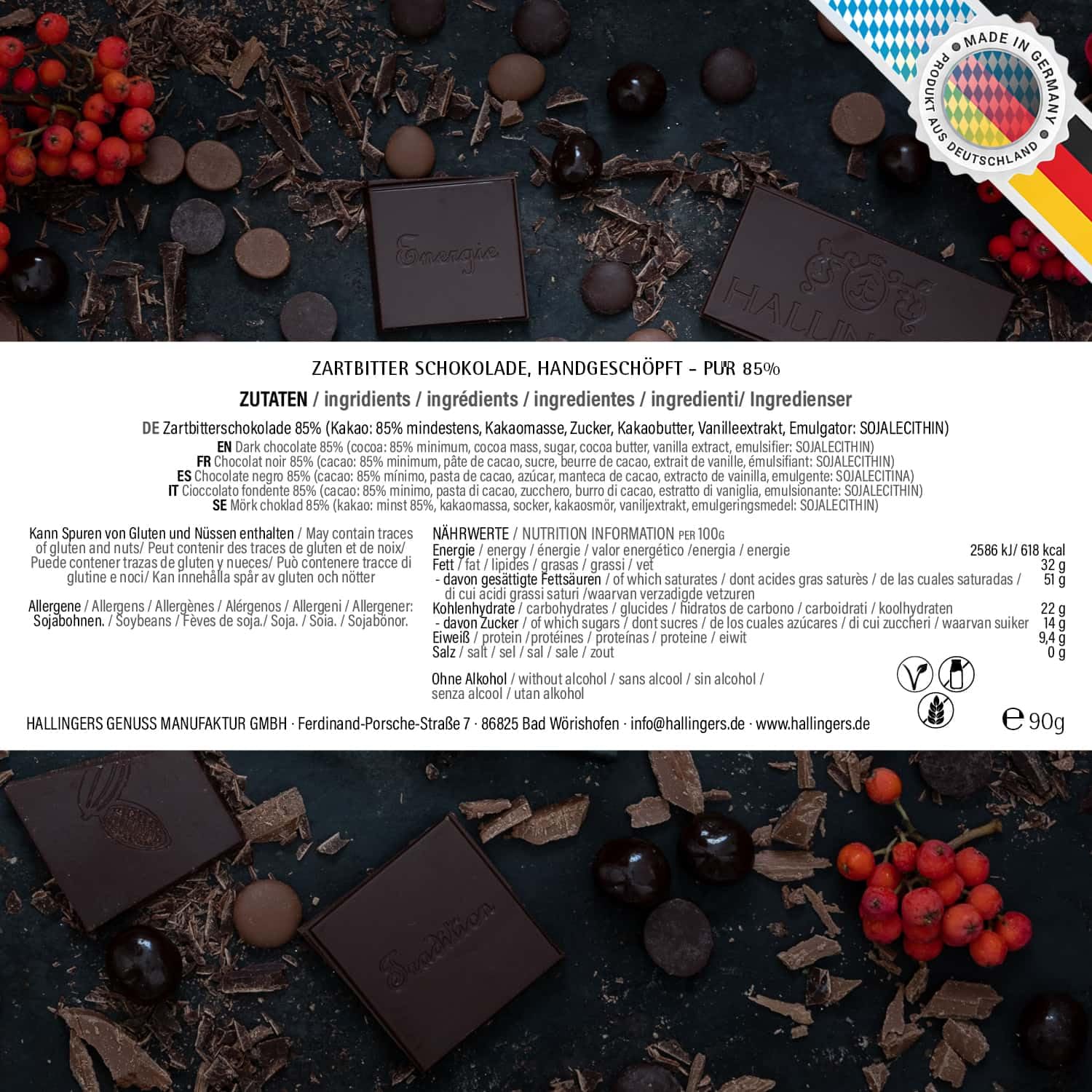 Hallingers Genuss Manufaktur Vegane Schokolade Geschenk - Tafel handgeschöpfter Edelkakao ohne Alkohol edler Karton 10x "Moin, Moin!" Lakritz, Geschenkidee für Frauen Männer