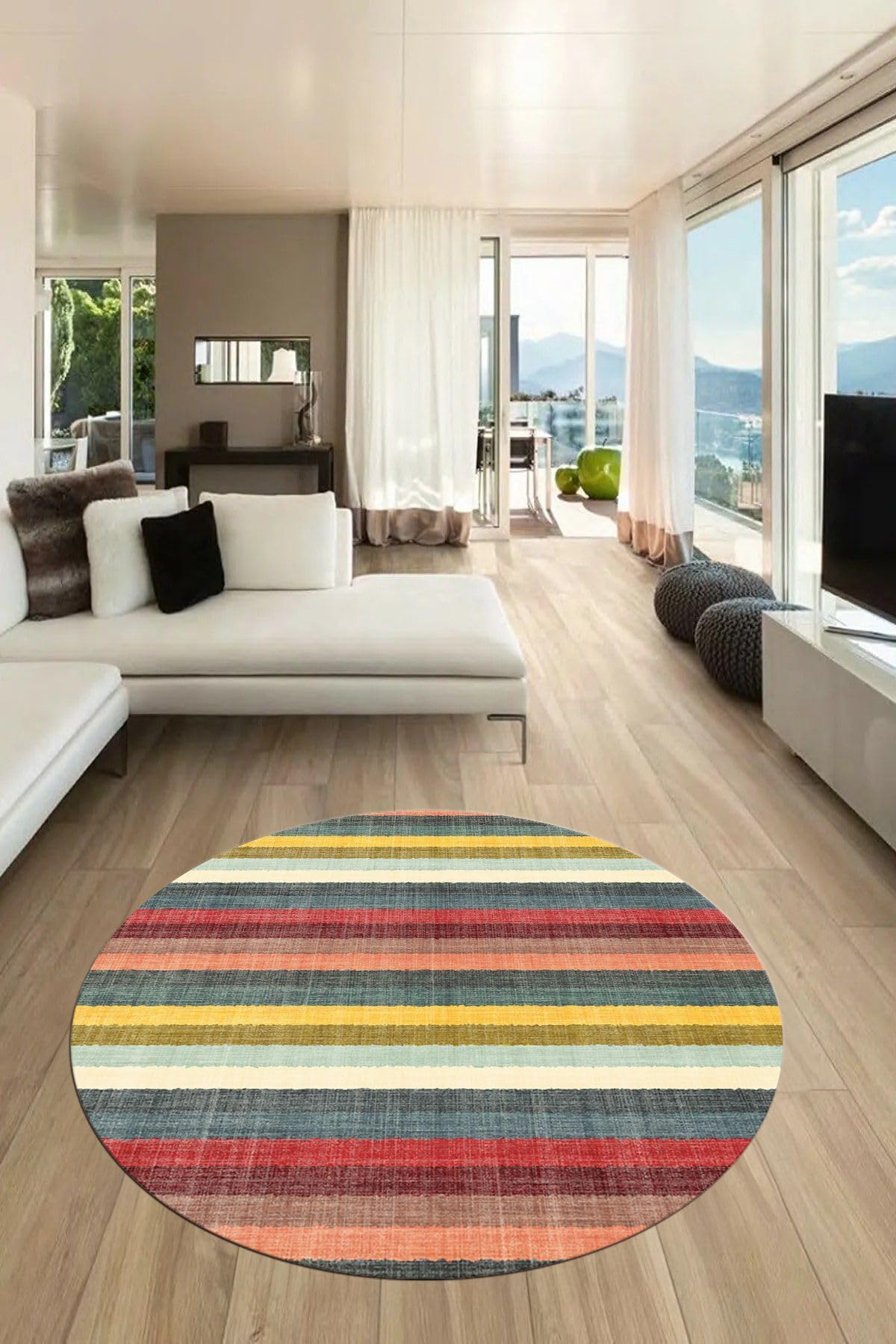 Evdeya Modern Kilim Desen Dijital Kaymaz Taban Yıkanabilir Yuvarlak Mutfak Salon Halısı Y-MODERN-25, Çok Renkli, 100 x 100