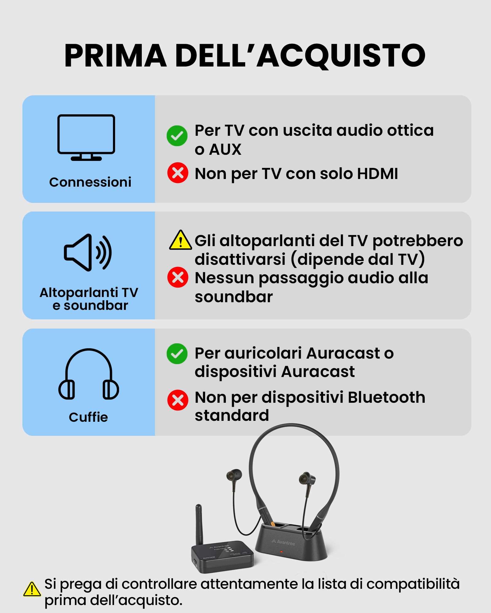 Avantree Aura Loop – Auricolari TV Wireless di Nuova Generazione con Auracast & Base di Ricarica, 3 Modalità EQ con Voice Clear per Anziani, Supporta Connessione Auracast One-to-Many