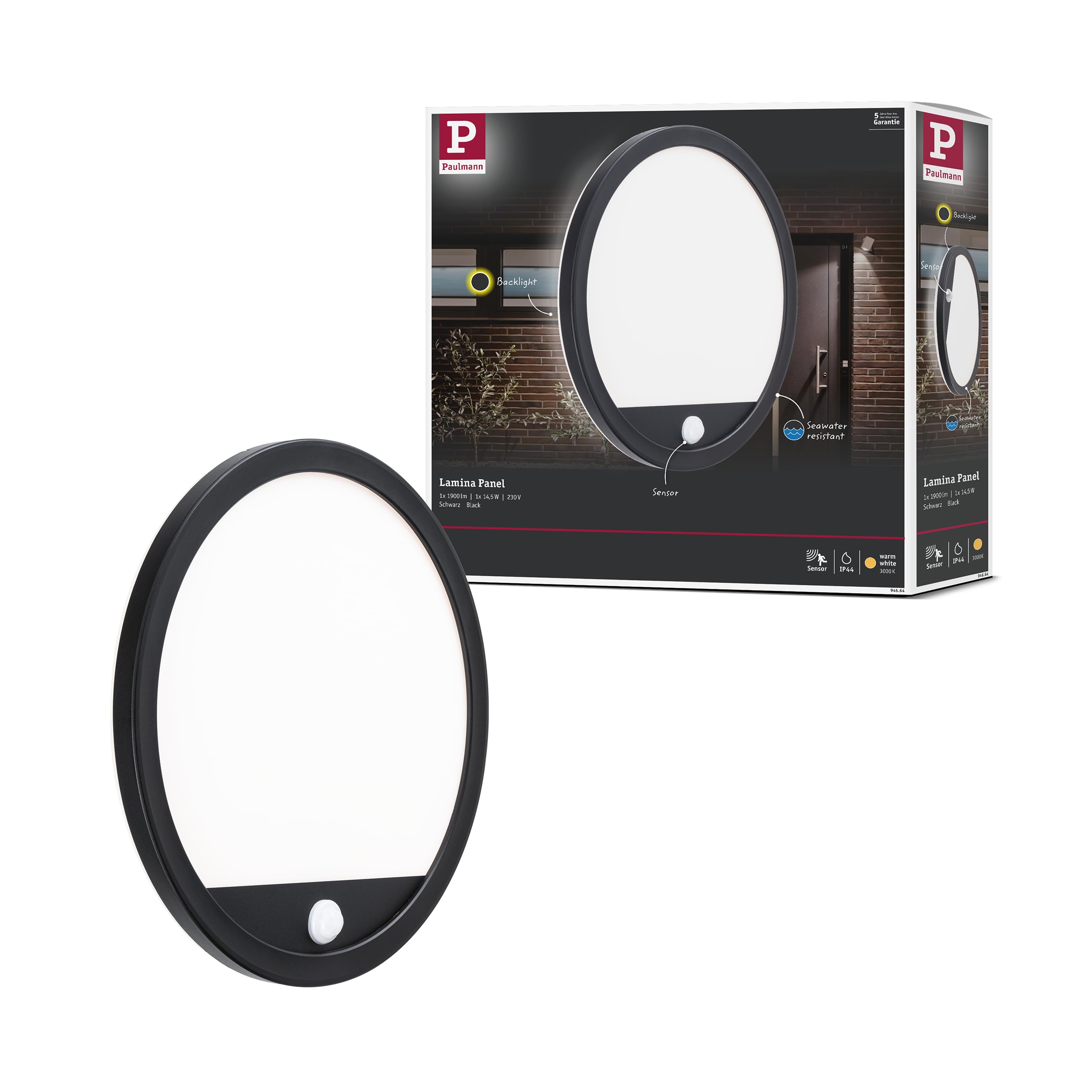 Paulmann 94664 LED Outdoor Light Panel Lamina with Motion Detector IP44 Round incl. 1x14.5 W Warm White Black Outdoor Panel Plastic Light Panel 3000 K