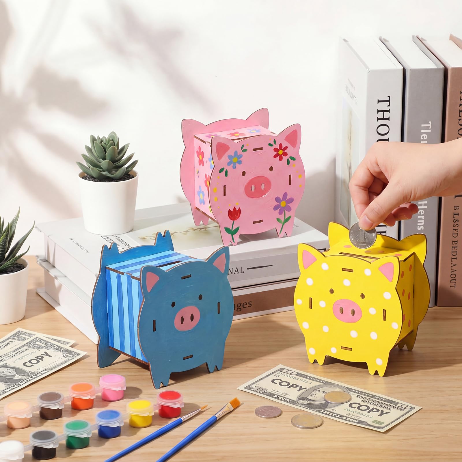 Weysat 24 Set DIY Holz Sparschwein Kit Unvollendete Schwein Münzen Banken Handwerk mit Farbstreifen Pinsel Palette Geld Sparbox Kleine Kleingeldbehälter Kunst Handwerk für Geburtstag Zuhause Festival