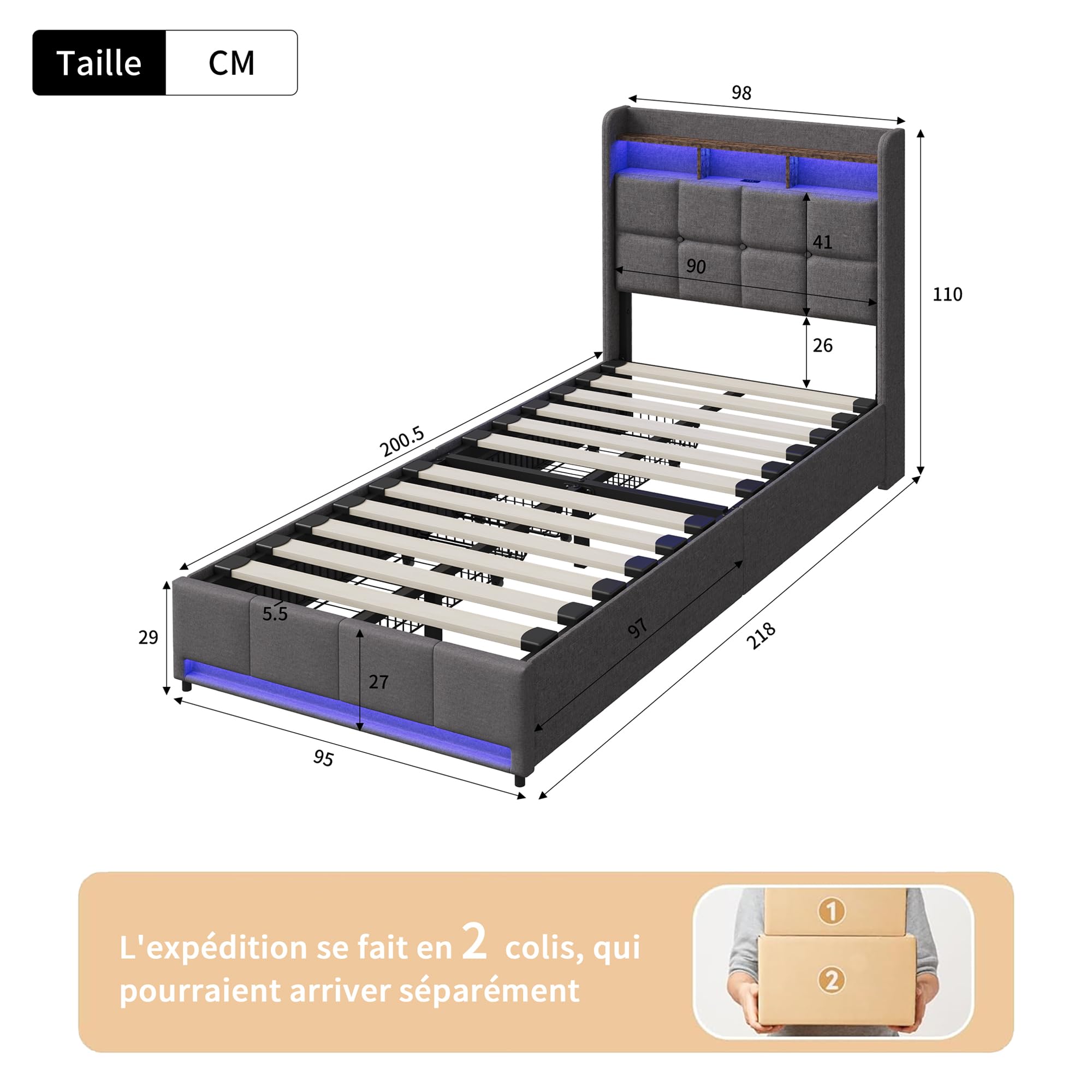 Letto 90 x 200 con Sommier, Letti 1 Persone con LED e Porta USB, Letti Singoli Capitonnati con 2 Cassetti, Testiera con Conservazione, Rete a Lattini, Lino Grigio, senza Materassi